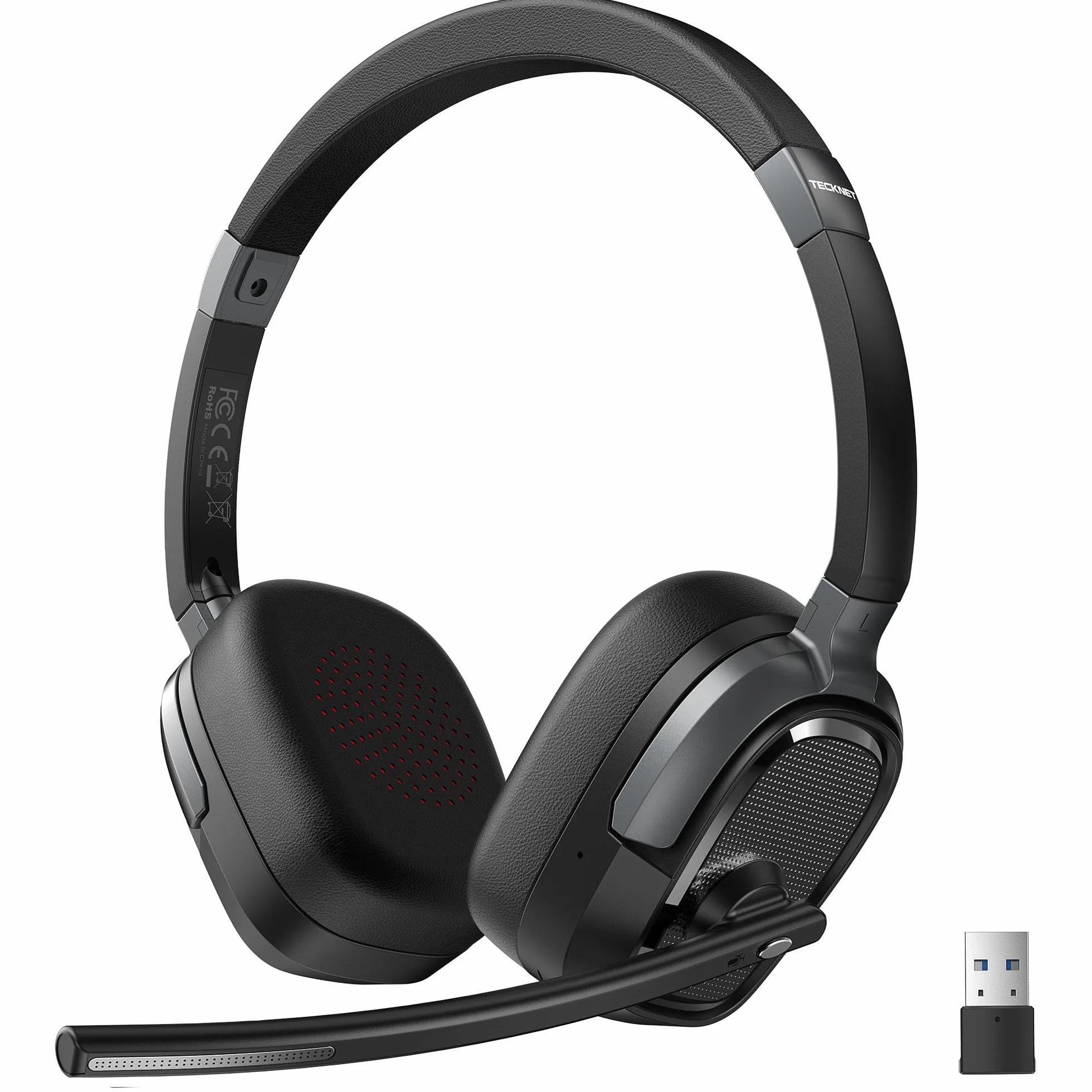 TECKNET Auriculares Inalámbricos Bluetooth Diadema, Cascos Inalambricos con Micrófono, Cancelación Ruido ENC, +50h Autonomía, Conexión Bluetooth/USB-A para PC, Portátil, Skype y Centro de Llamadas