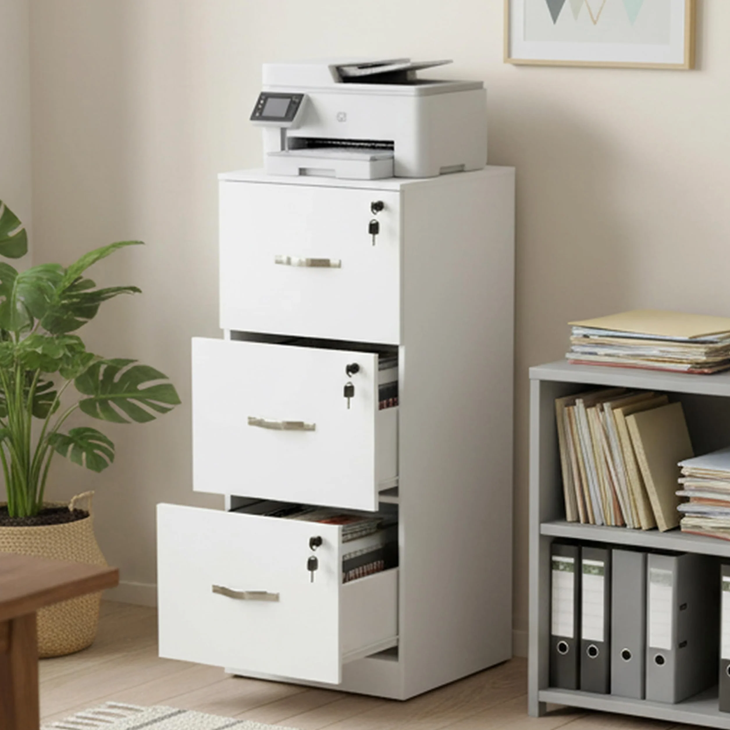 buybyroom Cajonera Oficina, Cajonera Escritorio con 3 Cajones Cerradura y Llaves, Multiusos Armario Archivador con Barras Colgantes para Oficina Escritorio Casa,103.5cm Alto, Blanco