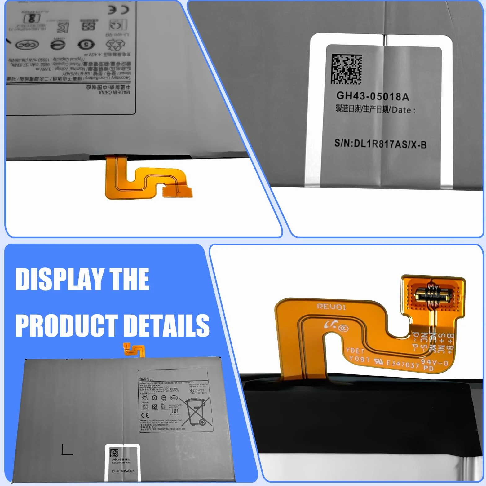 EB-BT975ABY - Batería para Samsung Galaxy Tab S7 Plus SM-T976B SM-T970 SM-T975 (3.86V 10090mAh)