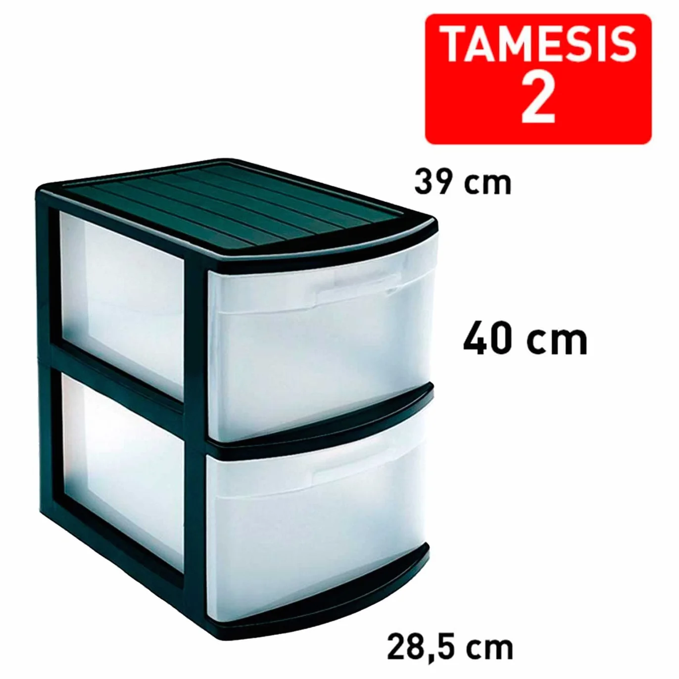 Tradineur Cajonera Tamesis 2 cajones Plástico Negro 40 x 28,5 x 39 cm