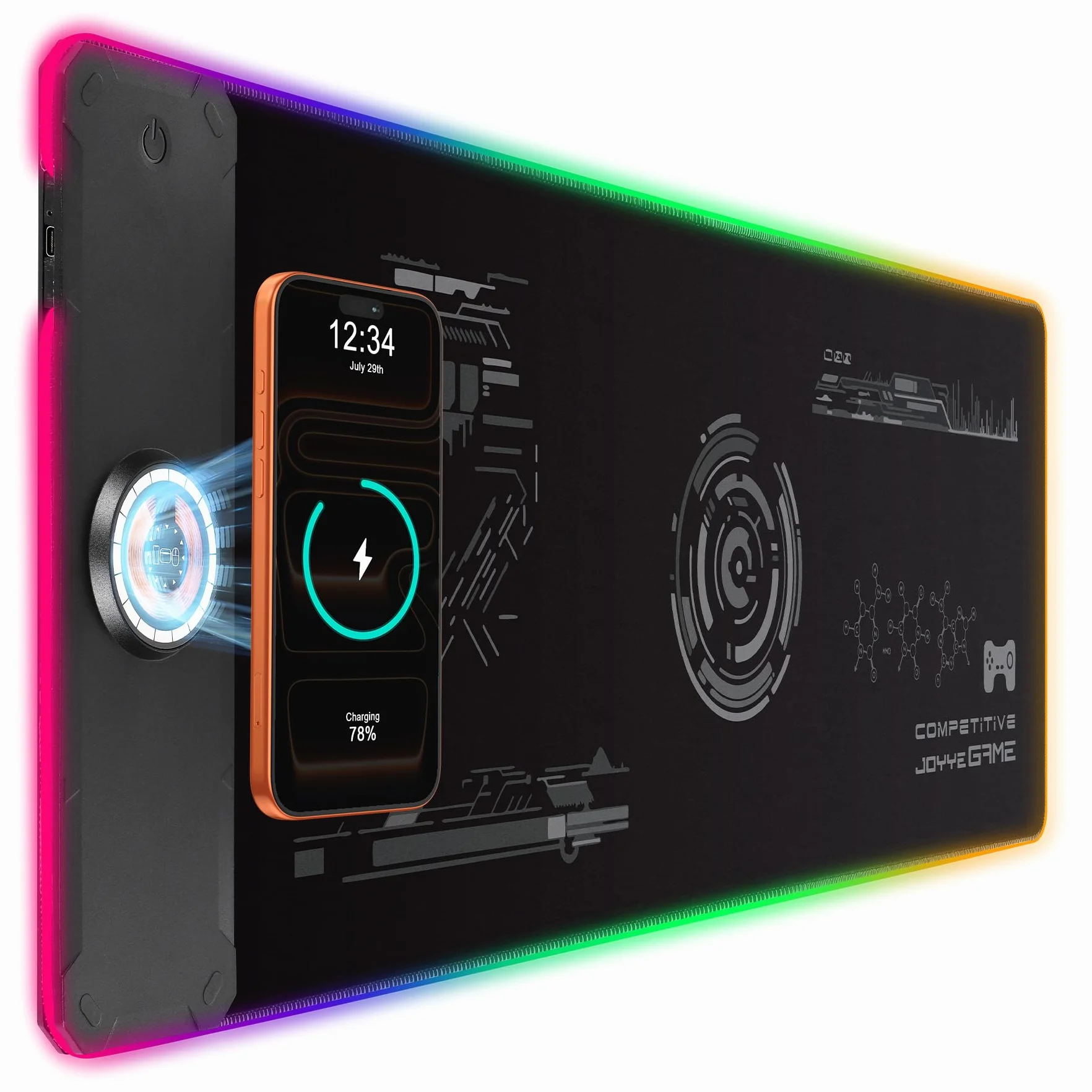 Alfombrilla de mouse grande para juegos con cargador inalámbrico magnético de 15 W, carga rápida, alfombrilla de mouse LED con luz RGB, superficie lisa, base de goma antideslizante, almohadilla para