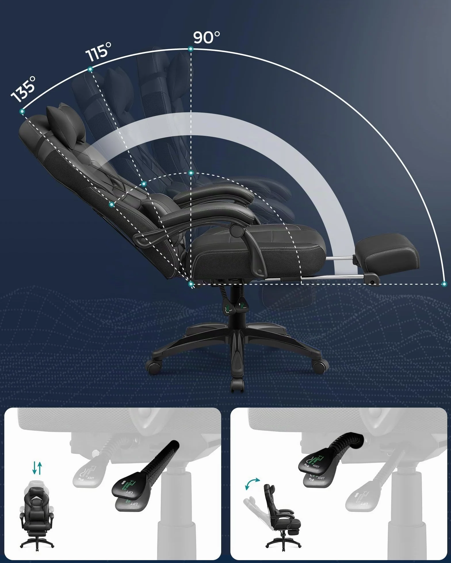 SONGMICS Silla Gaming Ergonómica con Reposapiés y Reposacabezas Ajustable, 150 kg, Negro