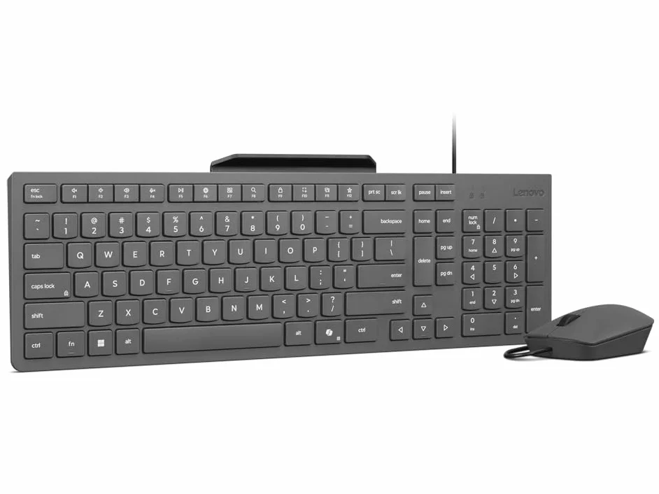 Lenovo 310 USB-A Combo Teclado y Ratón con Cable (Ratón Sensor Óptico Rojo, 2000 dpi, 3 Botones, Scroll, Teclado Resistente a Salpicaduras, Soporte para Móvil, USB-A) QWERTY Español - Gris