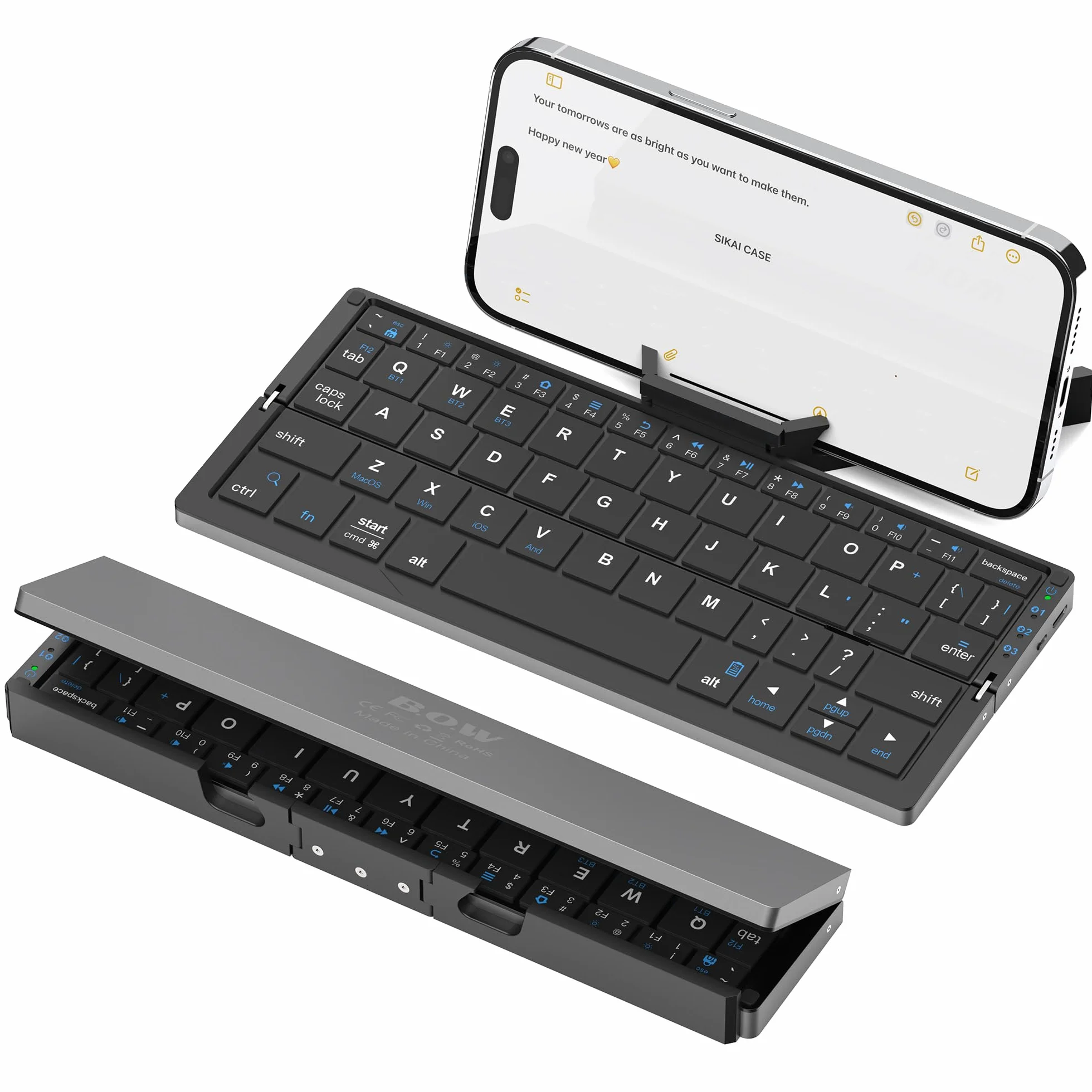 Sikai Mini Teclado para Móvil - Teclado Plegable QWERTY en Inglés con Soporte, Bluetooth y Carcasa de Aluminio para iPhone, Galaxy, iPad, Android, Windows, Tablet y Portátil