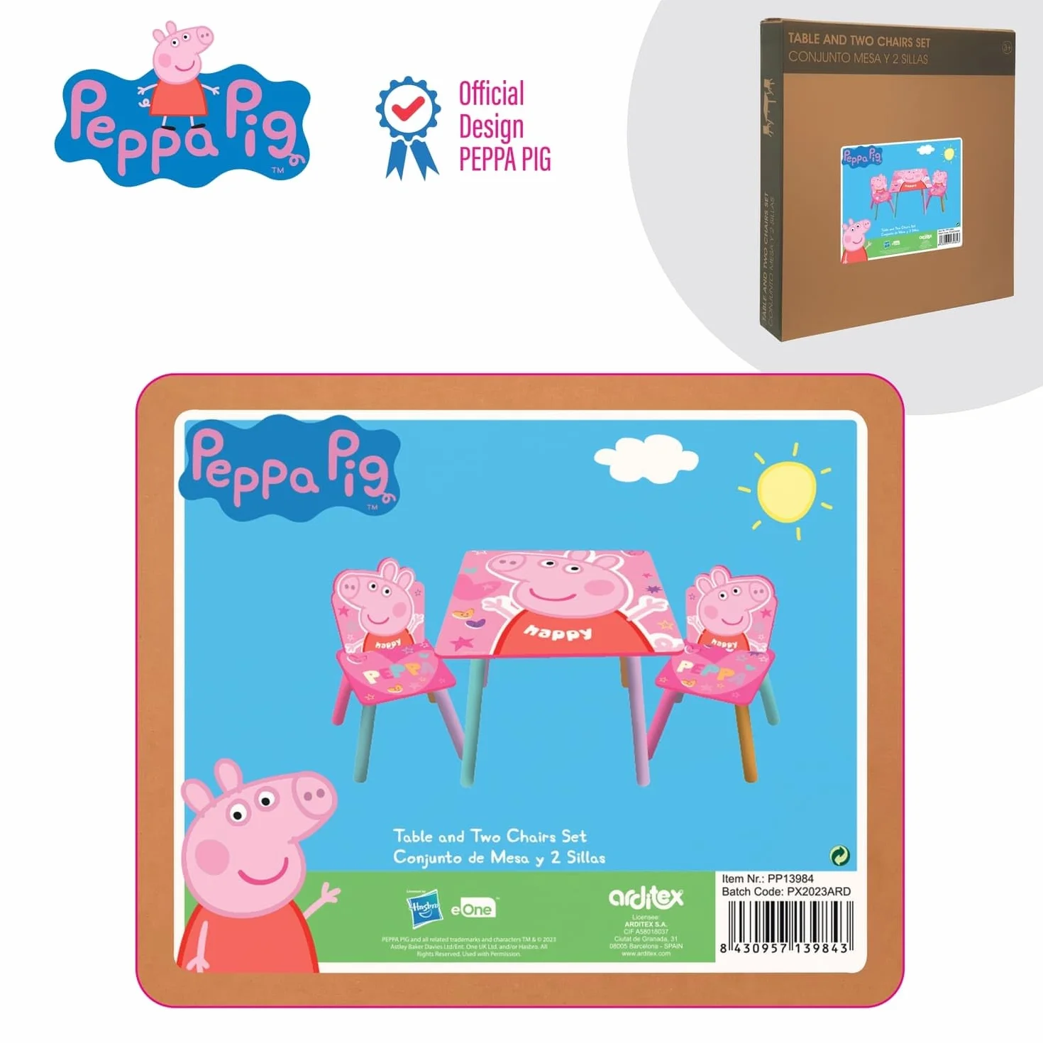 ARDITEX Set Mesa y 2 Sillas Madera Peppa Pig 50x50x44 cm Rosa