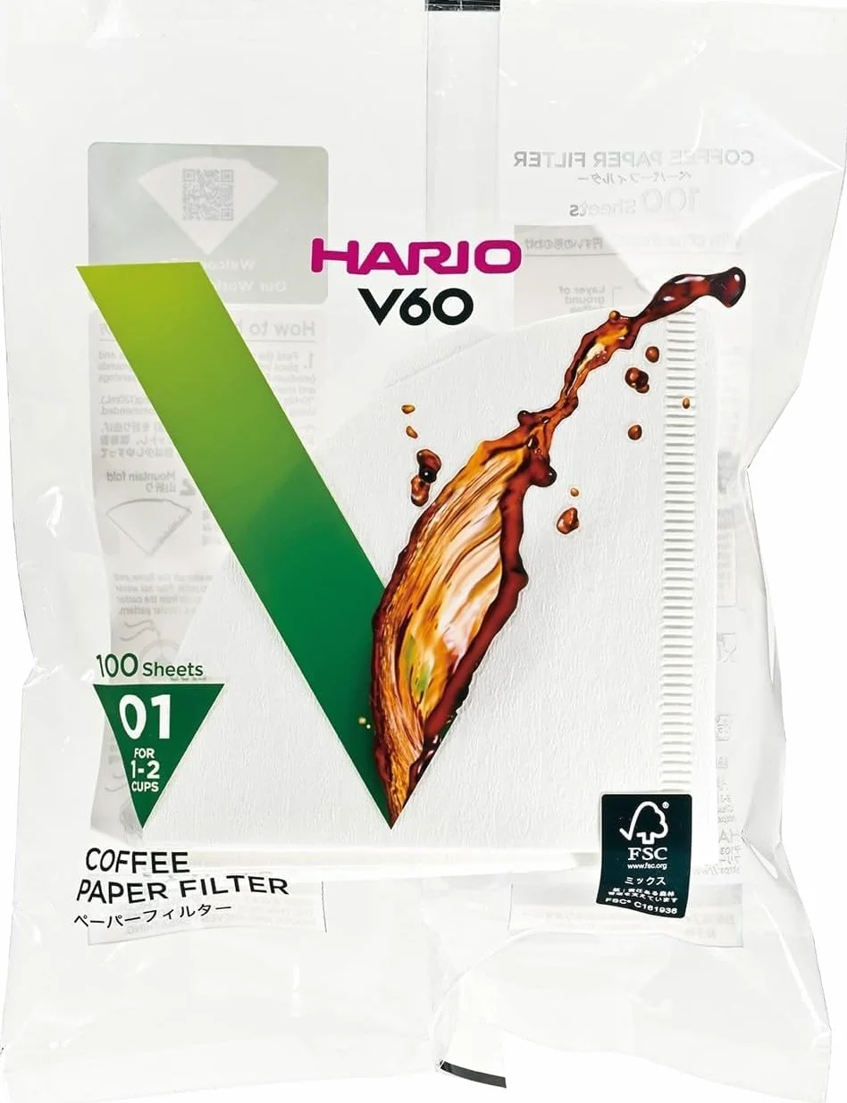 Hario VCF01100W - Filtros de papel blancos para dripper de 2 tazas, 100 unidades, compatibles con el tamaño 01