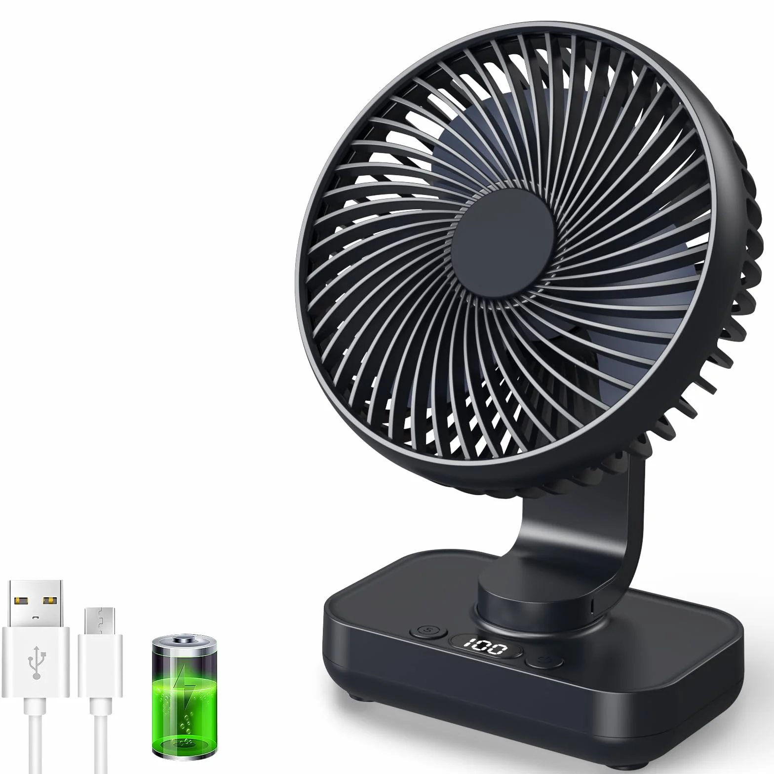 Ventilador de Mesa USB con Oscilación Automática, Batería 4500mAh Recargable, Silencioso, 4 Velocidades, Pantalla Digital, Carga Rápida, Portátil para Hogar, Oficina, Dormitorio, Exteriores