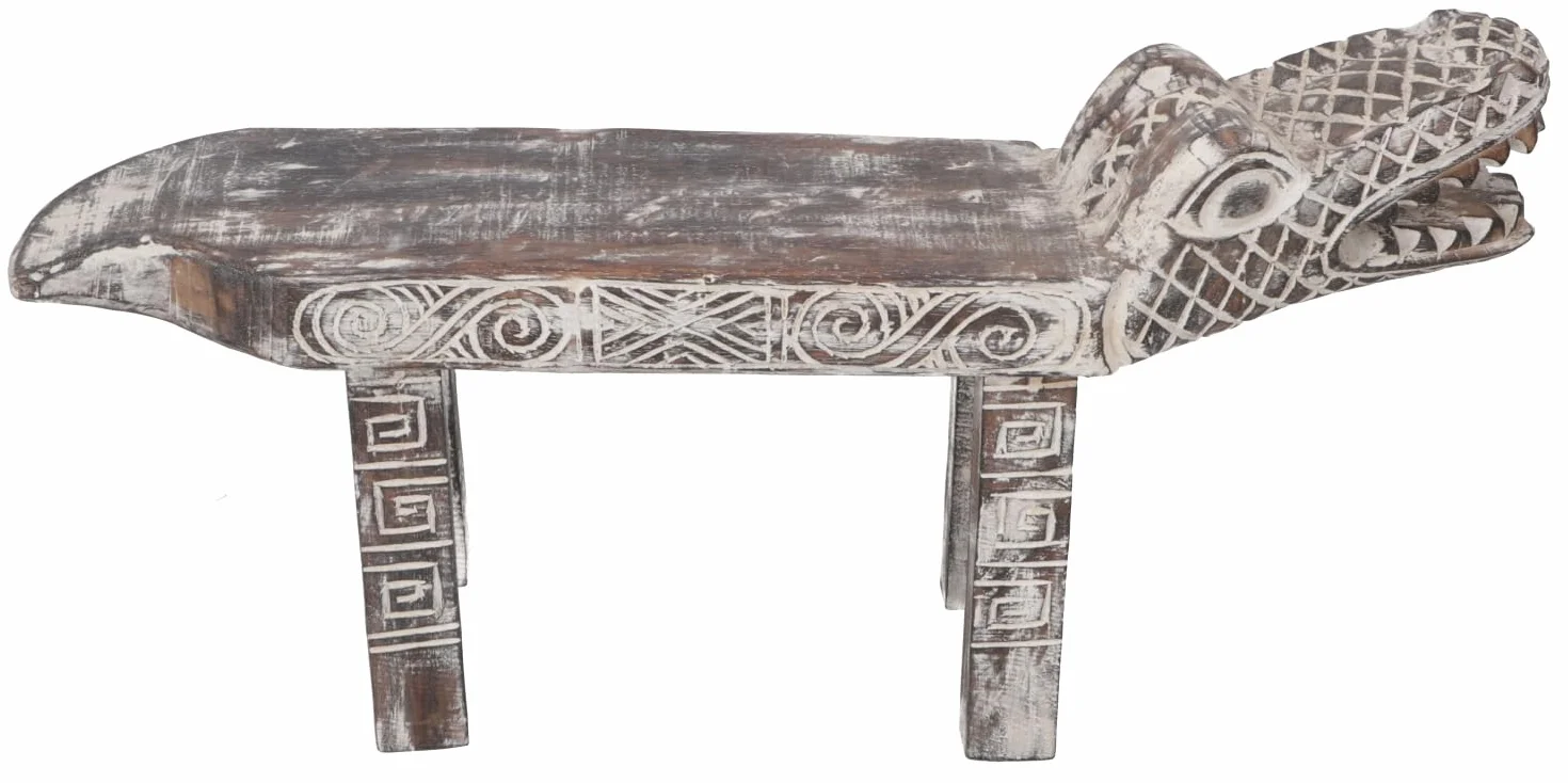 Antiguo Banco de Cocodrilo Tallado Blanco 75 cm Asiento