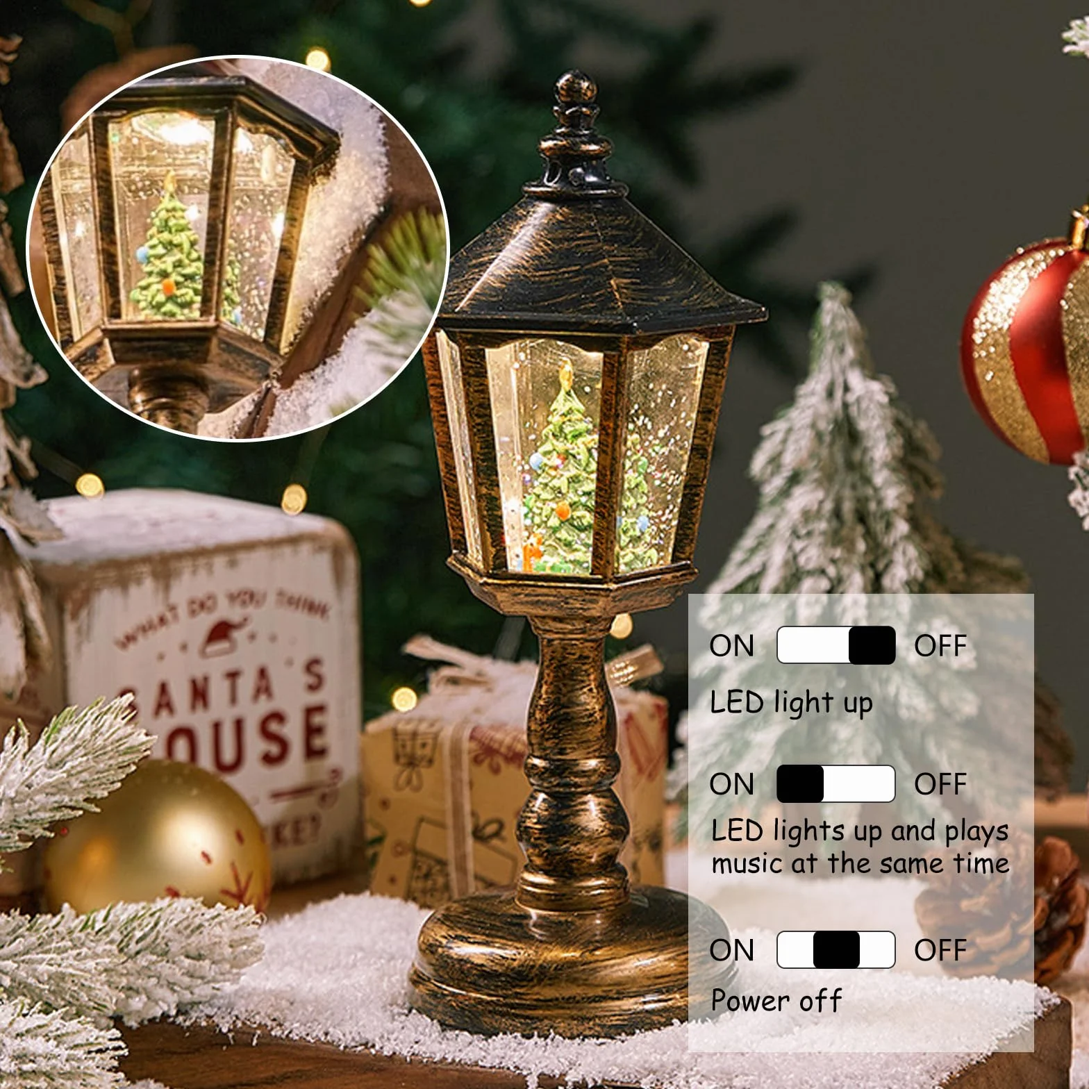 Farolillo de Navidad LED con Bola de Nieve, Música y Luz Blanca Cálida