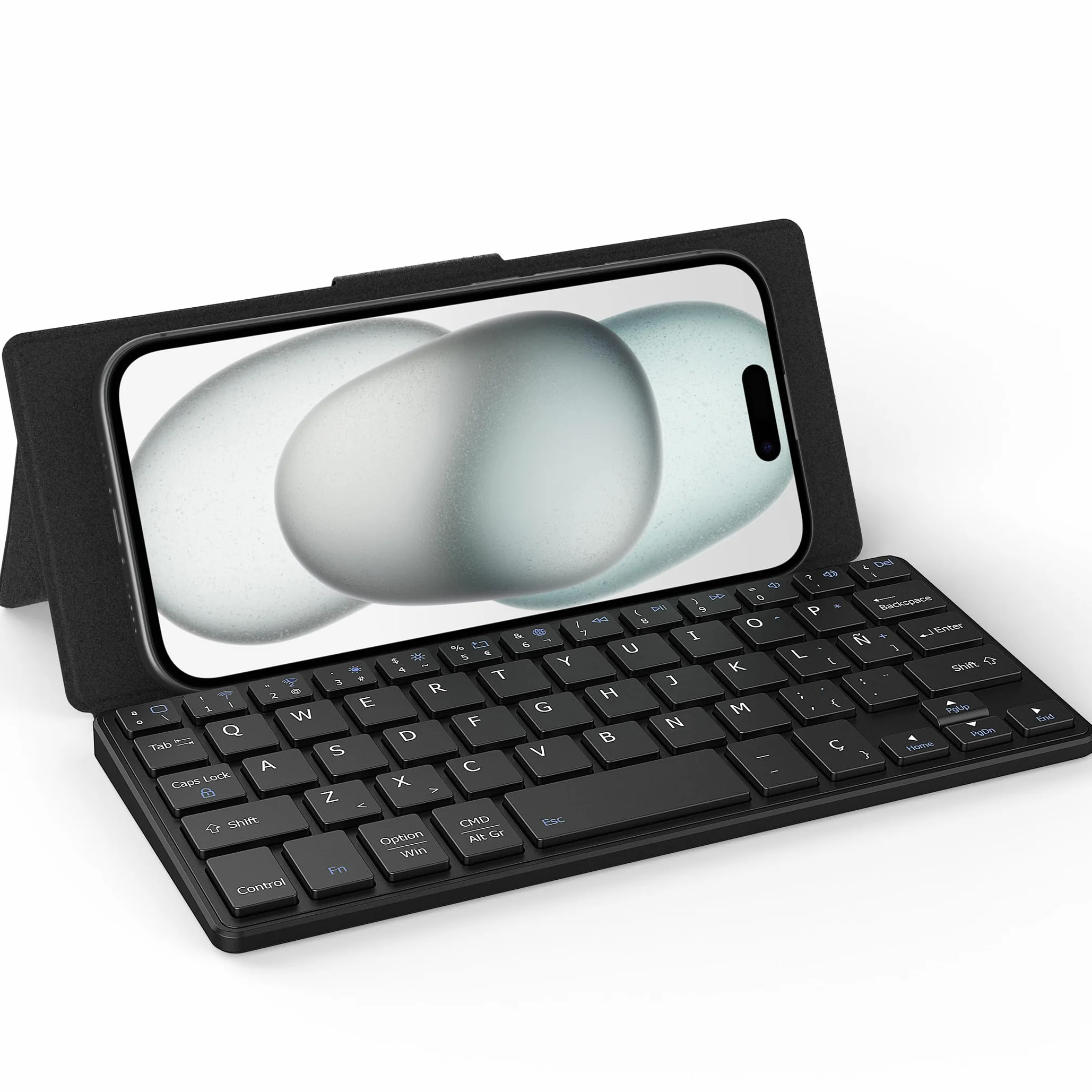 CACOE Teclado Bluetooth con Soporte, Mini Teclado para iPad, [Español] Portátil, Plegablede Doble Canal para Tablet/iPhone/iOS/Android Tablet/Windows, Negro