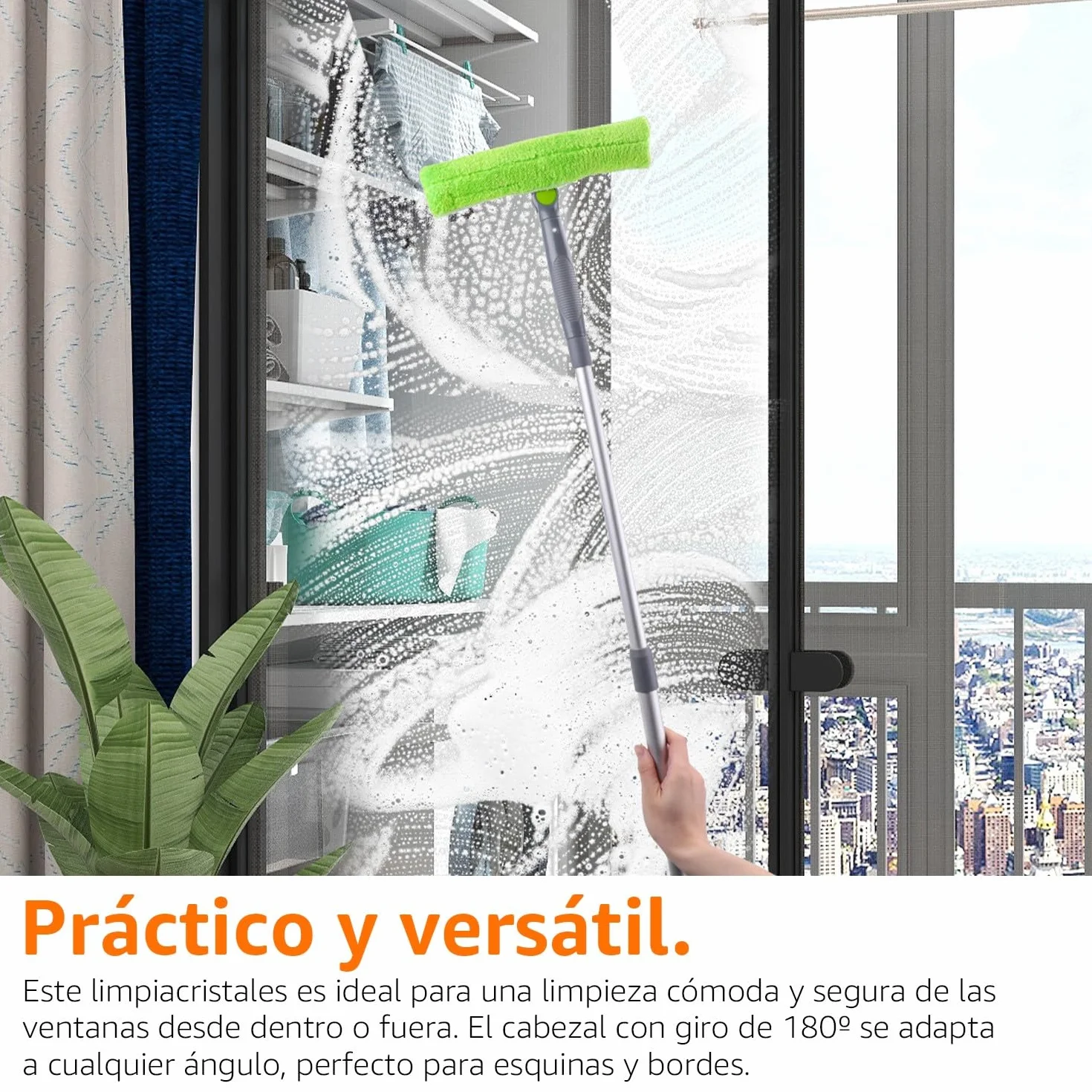 Amazon Basics Limpiacristales Extensible Cabezal Giratorio 180° Mango Telescópico 66-96,5 cm