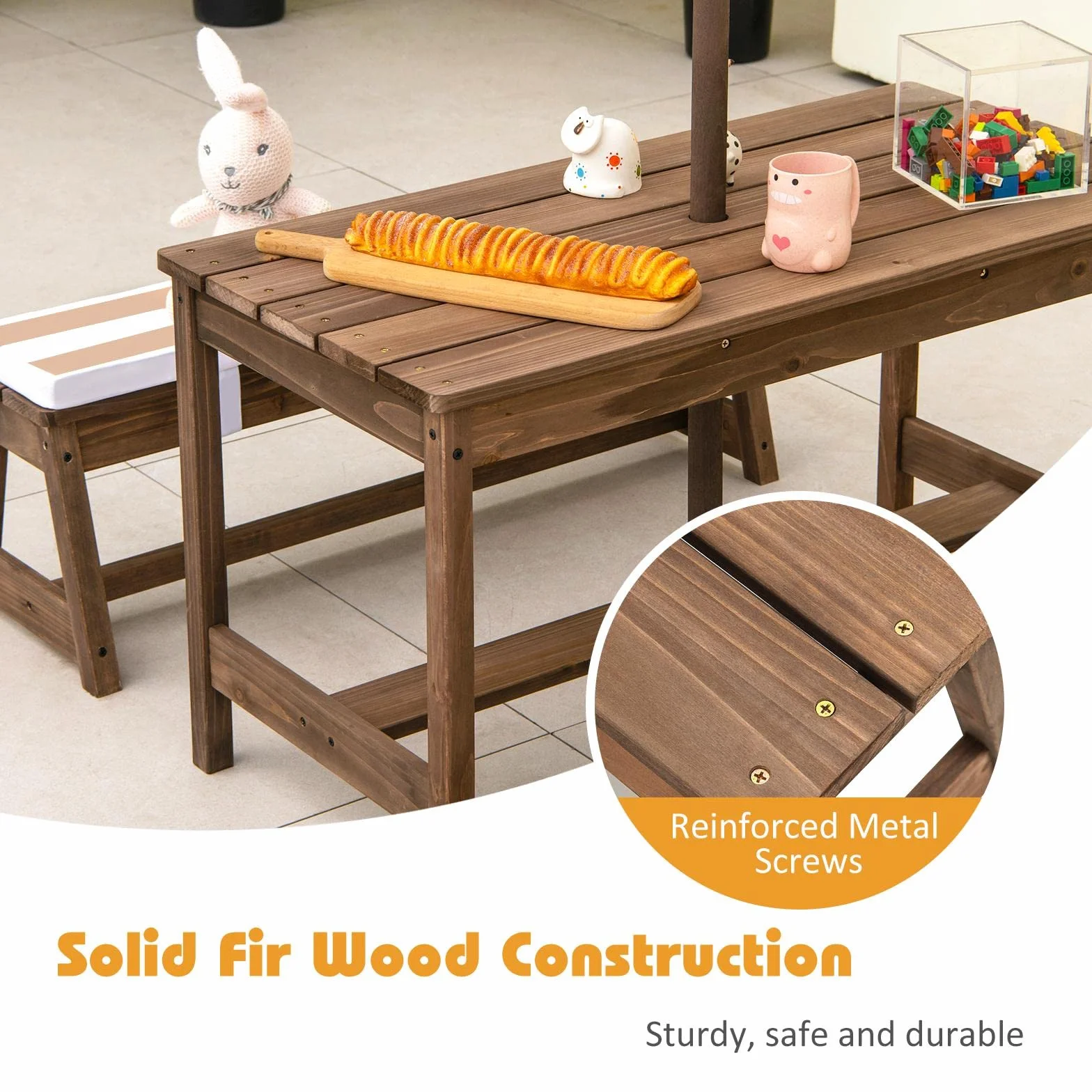 KOMFOTTEU Juego de Muebles Infantiles con Sombrilla, Mesa y 2 Bancos de Madera de Abeto para Jardín (Marrón)