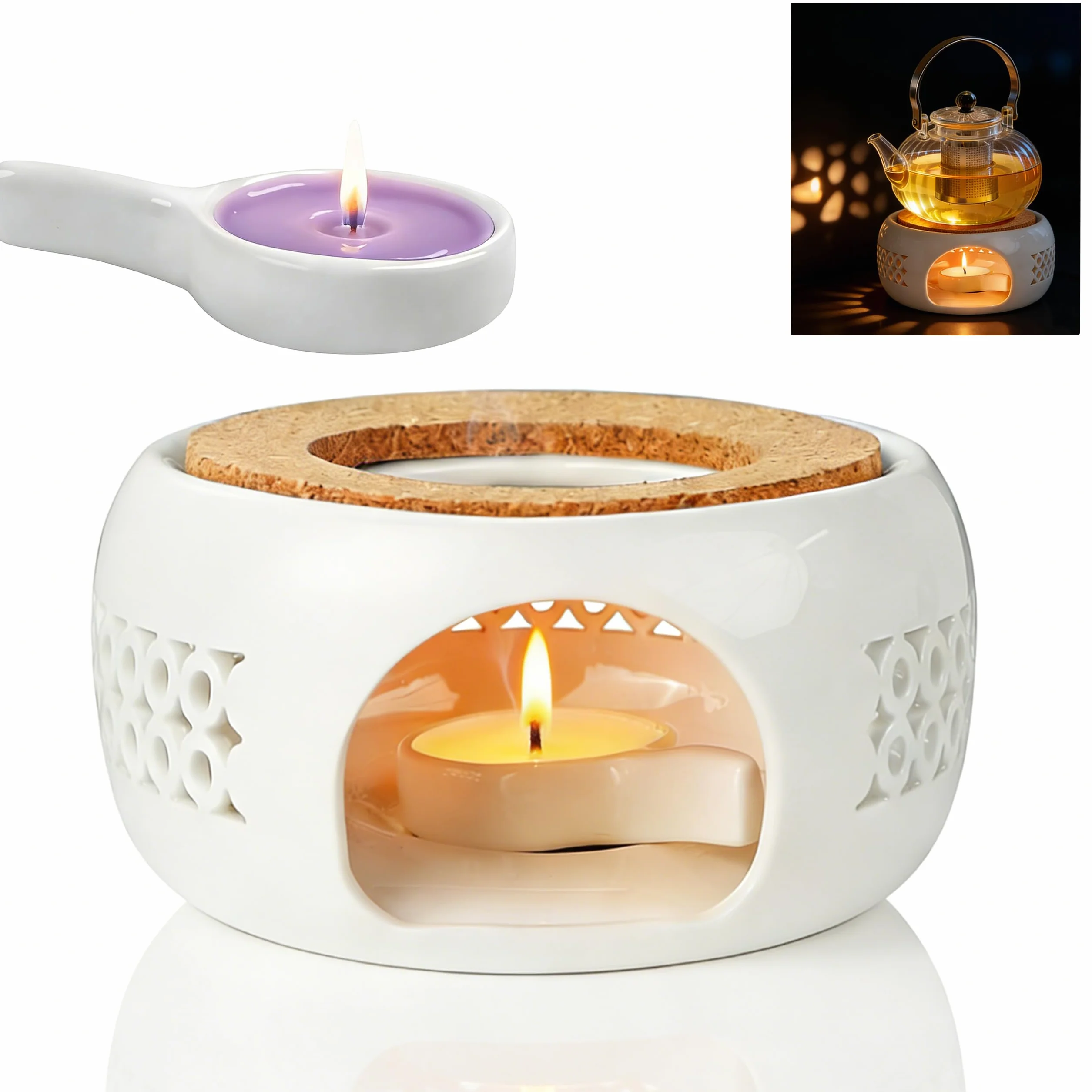Calentador de Tetera de Porcelana Blanca, Diseño Tallado Hueco con Portavelas, Cojín de Corcho y Cuchara, Calentador de Té/Café/Leche sin Electricidad, Tamaño Universal (Diámetro 15 cm)