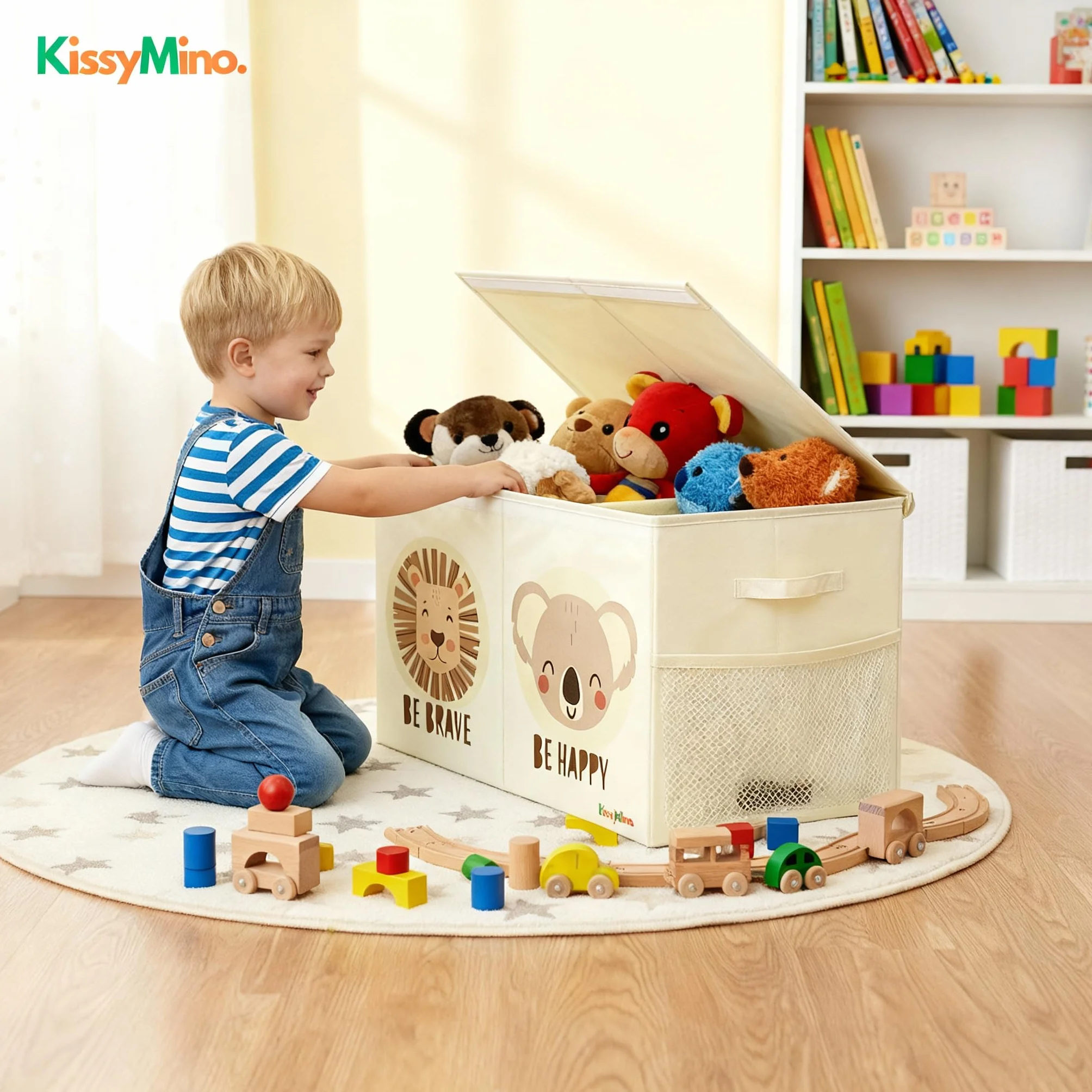 Baúl almacenaje juguetes infantil plegable con tapa, Organizador juguetero (Beige, Mediano)