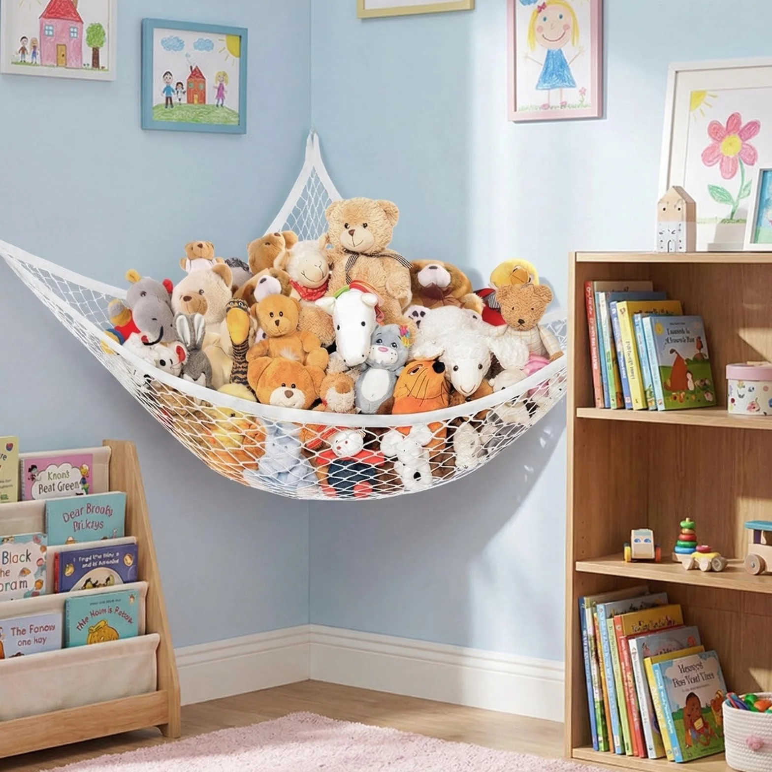 Hamaca grande para colgar peluches, almacenamiento retráctil de juguetes, organizador infantil, blanco