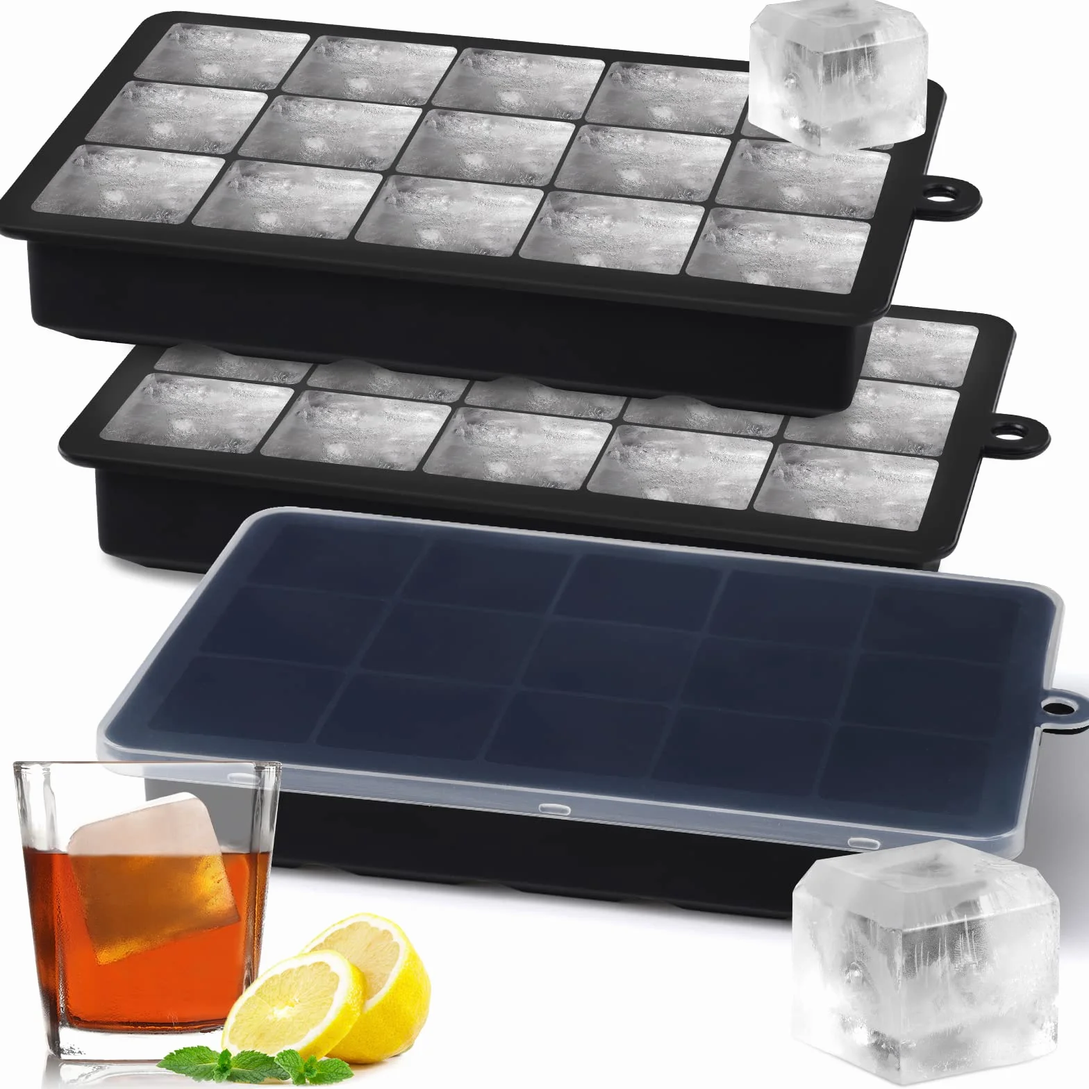 Bandejas de Cubitos de Hielo Silicona con Tapa, 3 Piezas, Moldes Cuadrados Grandes de 3,5cm, 45 Cubos