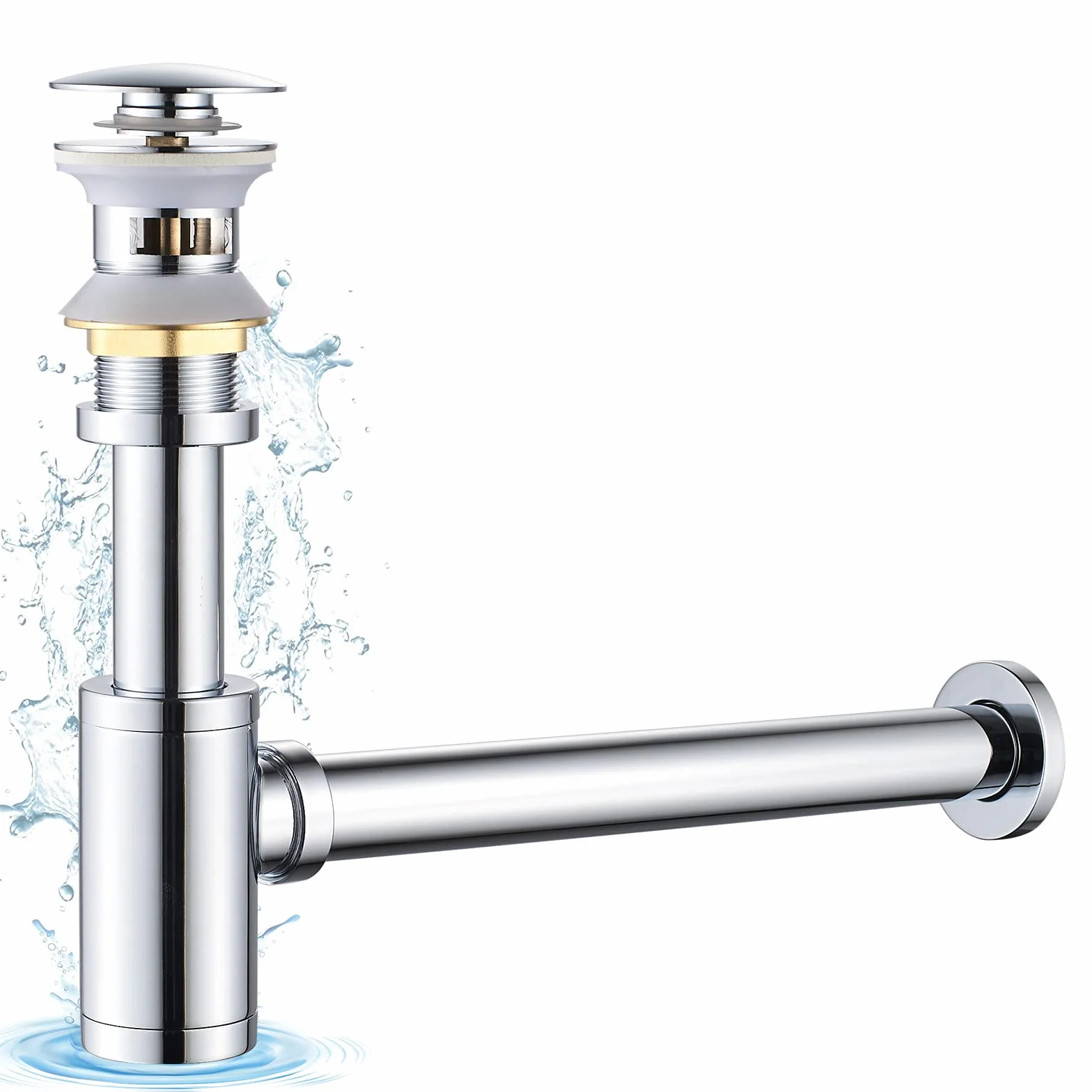 Sifón para lavabo con rebosadero y válvula de desagüe cromado
