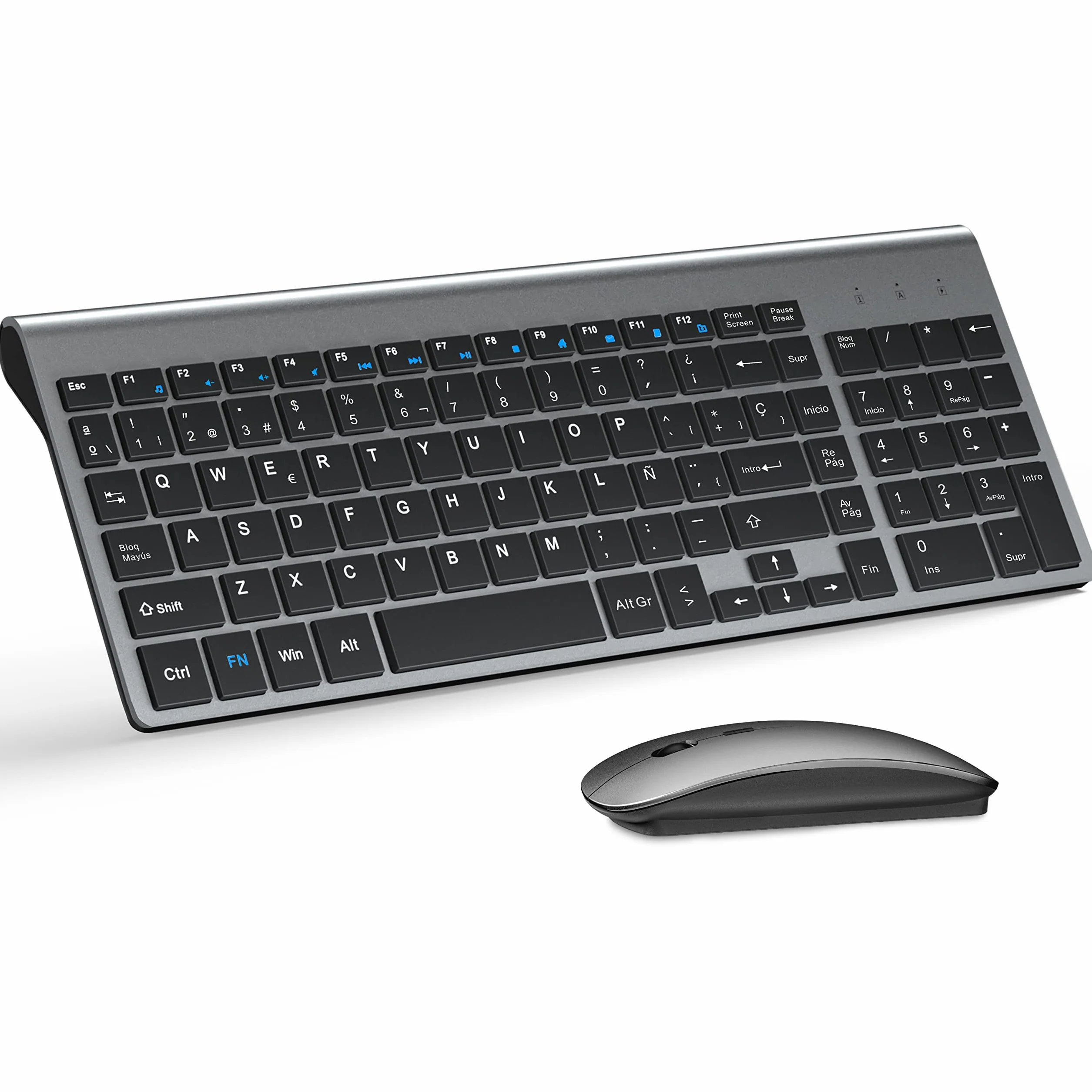 TopMate Pack Teclado y Raton 2400DPI, Inalámbricos Ultra Delgado, 2.4G Compacto Silencioso Teclado de Tamaño Completo con Cubierta, 2 Pilas AA y AAA, para PC/Laptop/Windows-Gris Negro