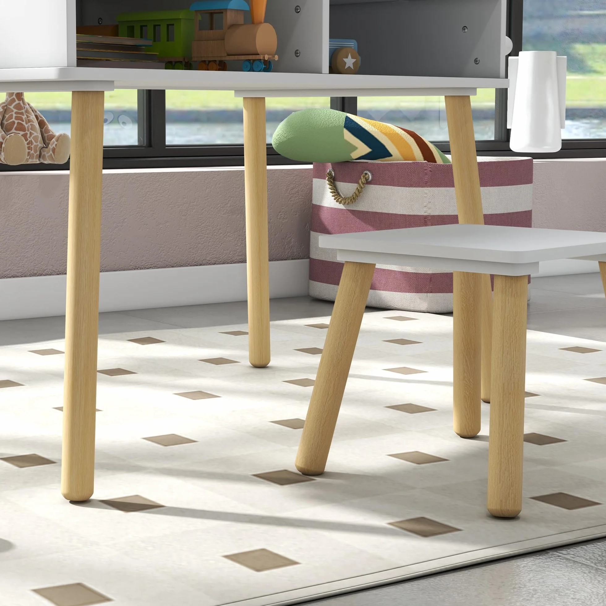 HOMCOM Juego de Mesa y Silla Infantil con Tablero de Bloques y Rollo de Papel Blanco