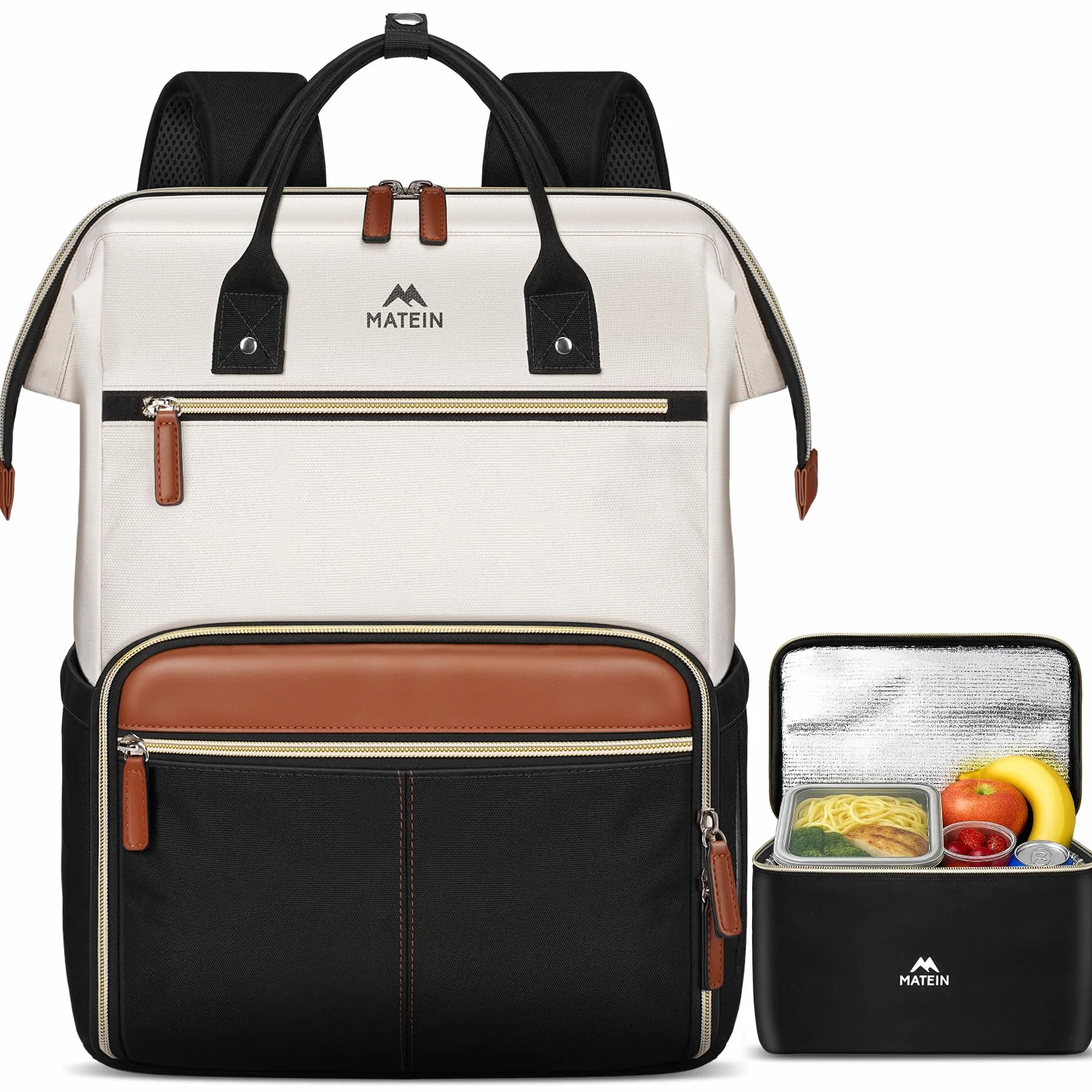 MATEIN Mochila Portatil 15.6 Mujer Set de 2 Piezas, Mochila Ordenador Portatil Impermeable con Bolsa de Almuerzo Termica y Extraíble Lunch Backpack para Universidad Escolares, Enfermeras y Profesoras
