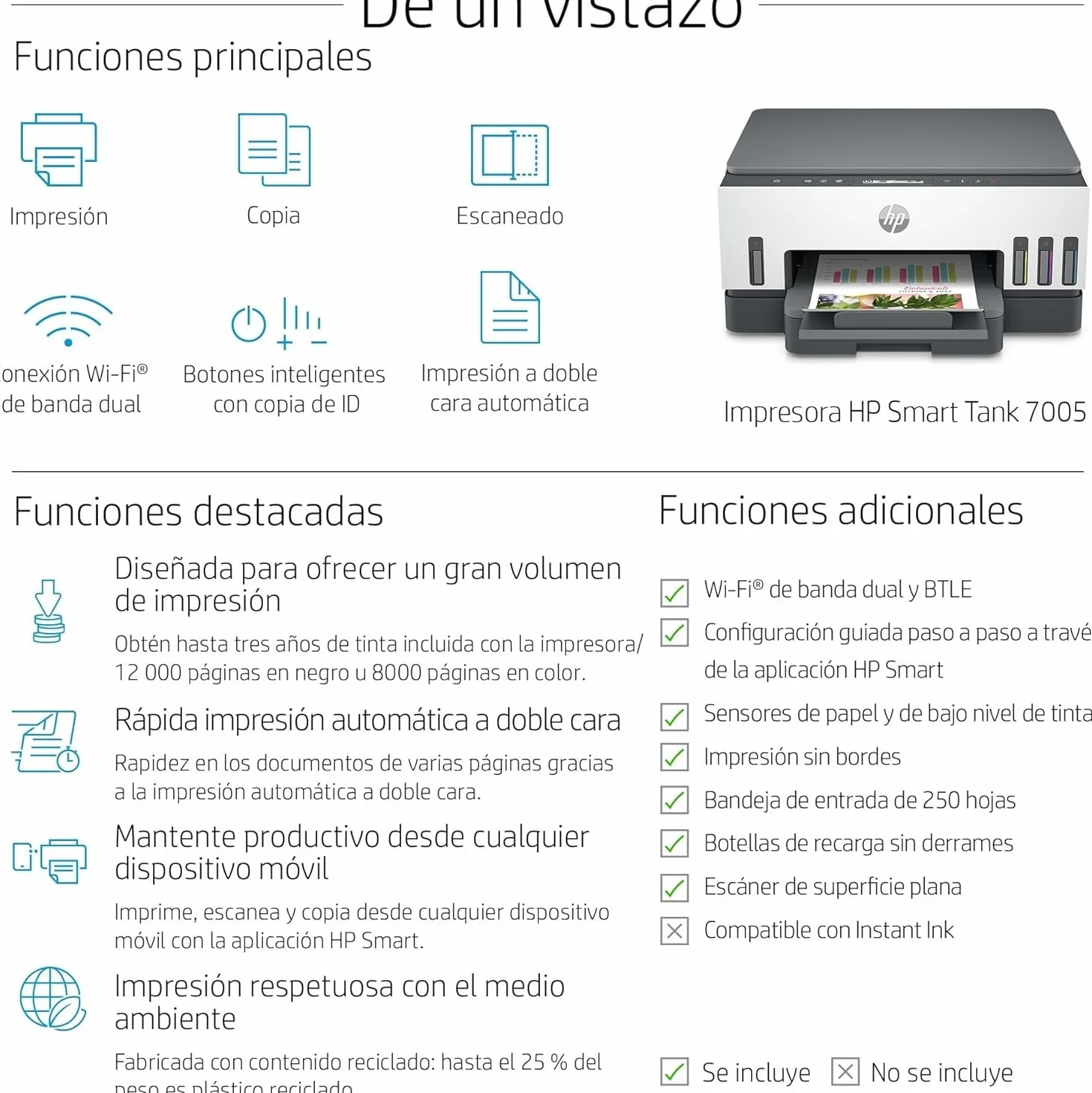 HP Smart Tank 7005 28B54A - Impresora A4 Multifunción con Deposito de Tinta Recargable, Impresión a Color, Escaner, Copiadora, Wi-Fi, Smart App, Blanca y Gris Oscuro