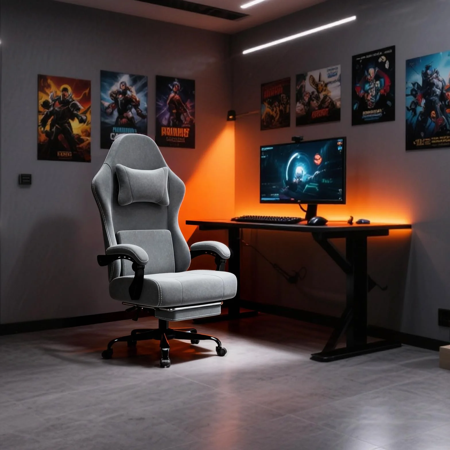 Silla Gaming Ergonómica con Muelles Ensacados, Reposapiés y Cojín Lumbar Ajustable, Gris Claro, Tamaño Grande