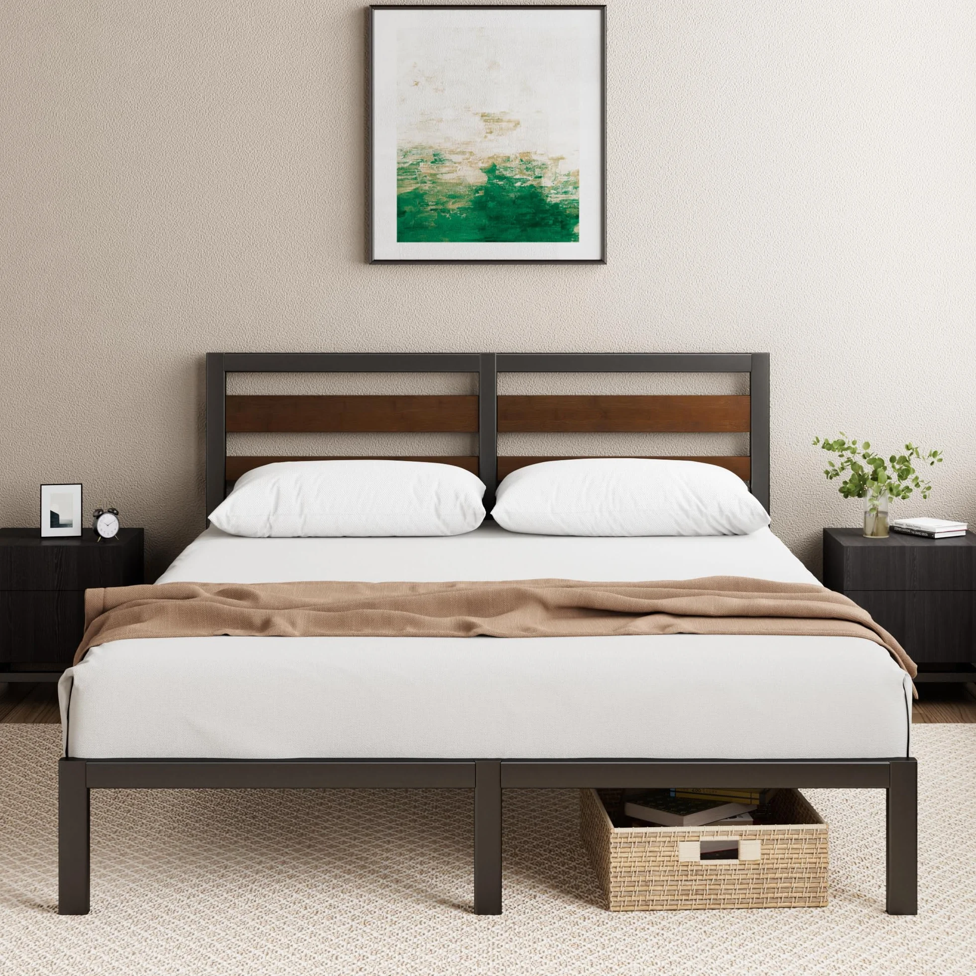 Zinus Kai Somier 135x190 cm - Altura 25.4 cm - Base Cama Matrimonio en Bambú y Acero con Cabecero - Láminas de Metal - Espacio de Almacenamiento - Montaje Fácil- Negro y Marrón