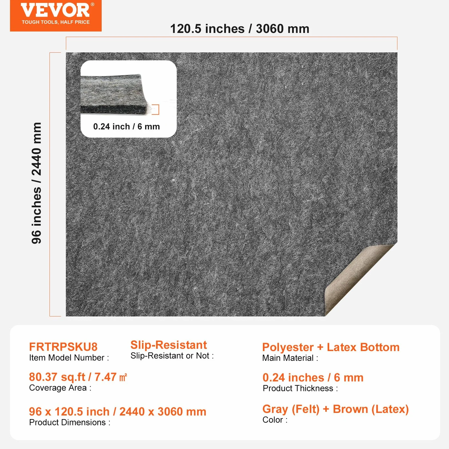 VEVOR Alfombra Antideslizante Protector de Suelo Cojín 244 x 306 cm 6 mm Gris, Doble Superficie Fieltro Poliéster Látex