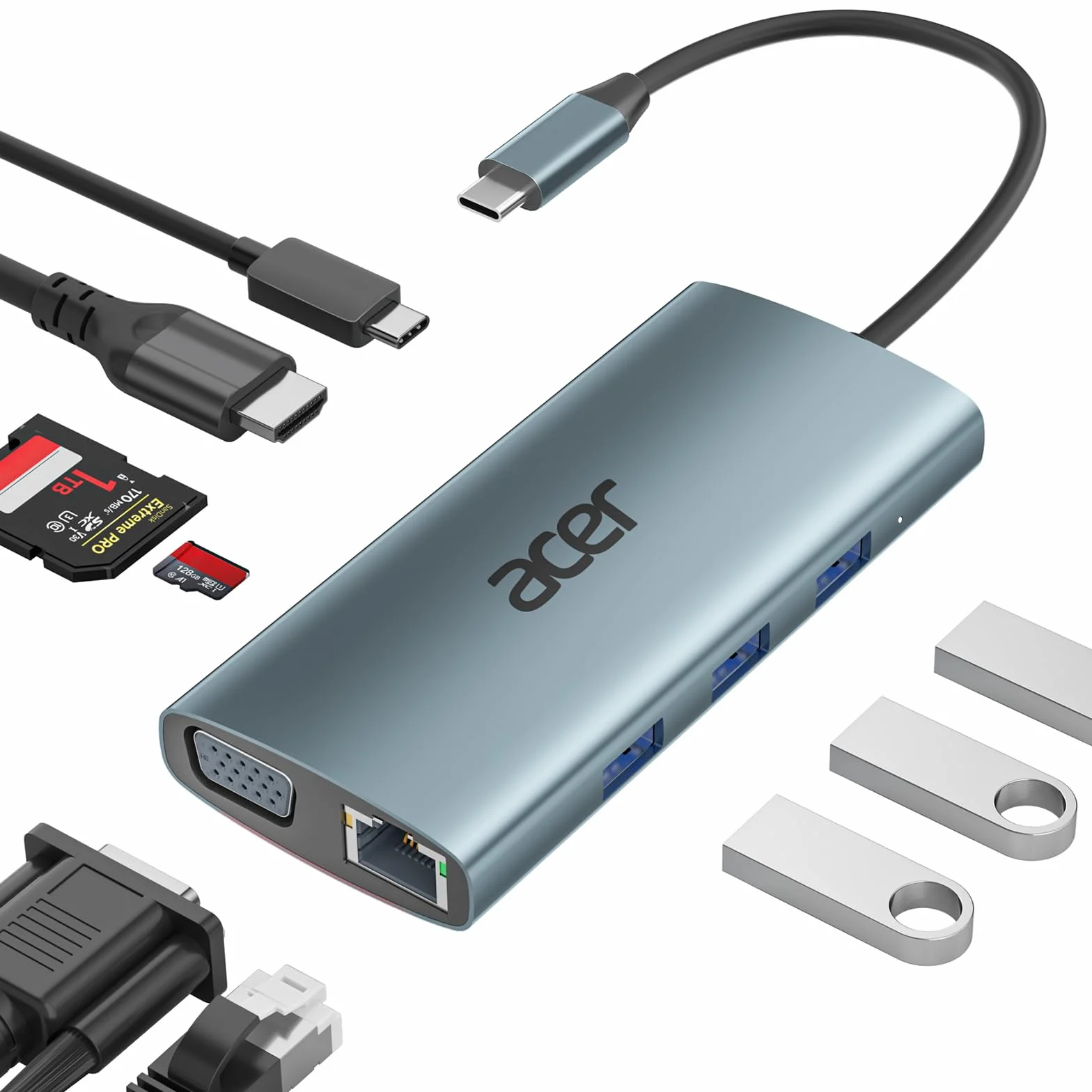 acer Docking Station USB C 9 en 1, Hub USB C Ethernet, Ataptador Tipo C a HDMI 4K, Carga PD 100W, Lector de Tarjetas SD, Hub Ethernet USB a VGA para MacBook Pro/Air, Surface Pro, acer Portátiles y Más