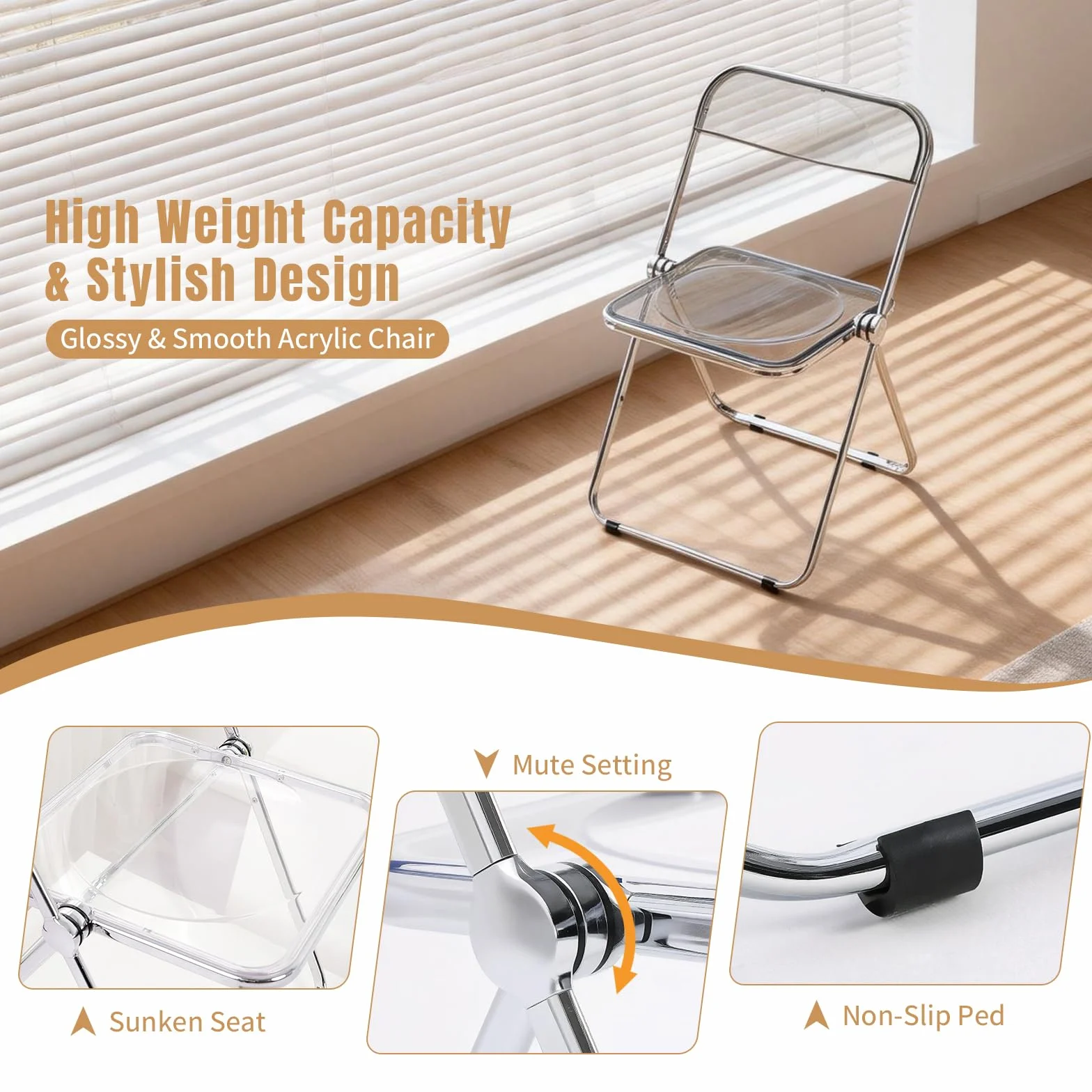 Silla Plegable Acrílica Transparente Moderna Gris Apilable Ahorra Espacio