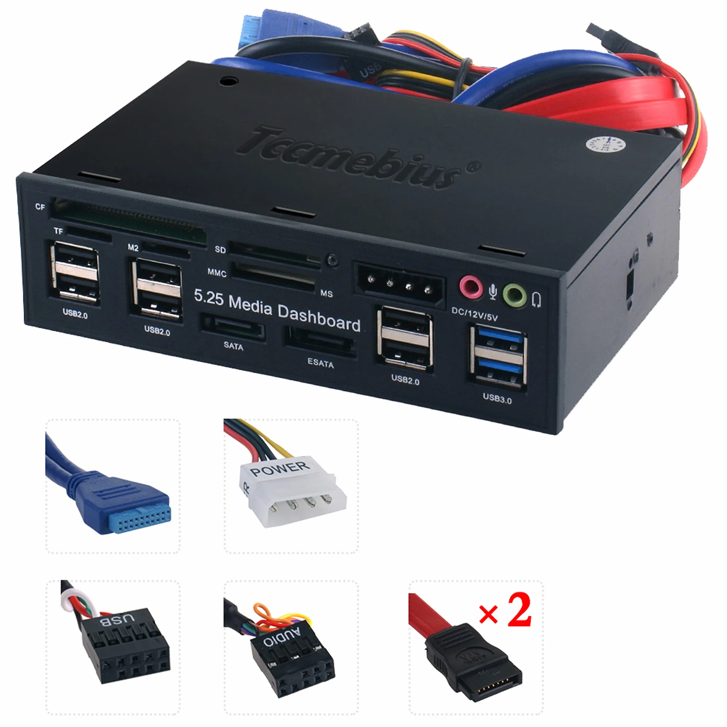 TCC-QL5E 5.25 Pulgadas PC Multifunción Salpicadero Medios de Comunicación Panel Frontal, con SATA e-SATA USB 2.0 3.0 Hub Audio Puertos y 5-en-1 Lector de Tarjetas (SD/MMC/CF/MS/TF/M2)
