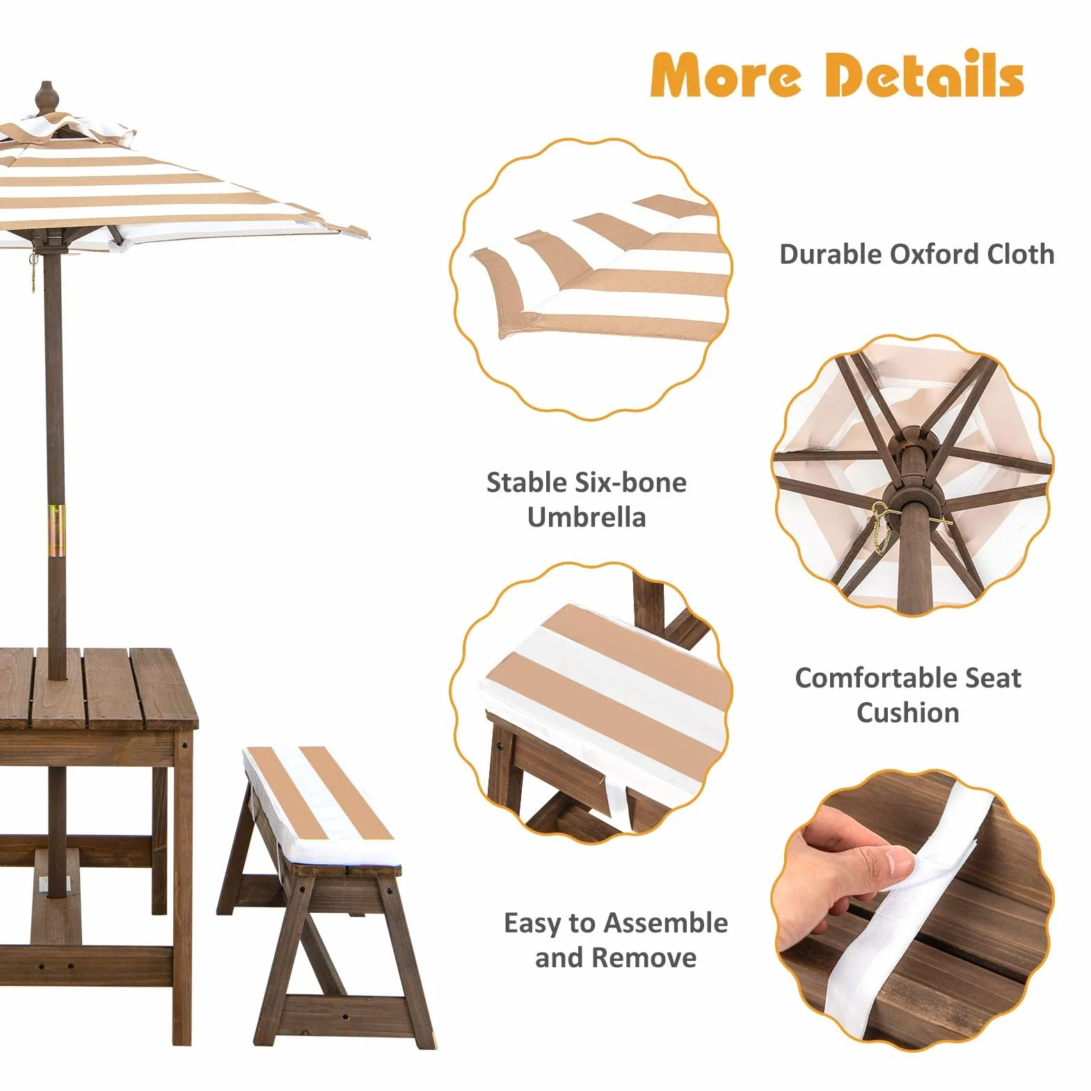 KOMFOTTEU Juego de Muebles Infantiles con Sombrilla, Mesa y 2 Bancos de Madera de Abeto para Jardín (Marrón)