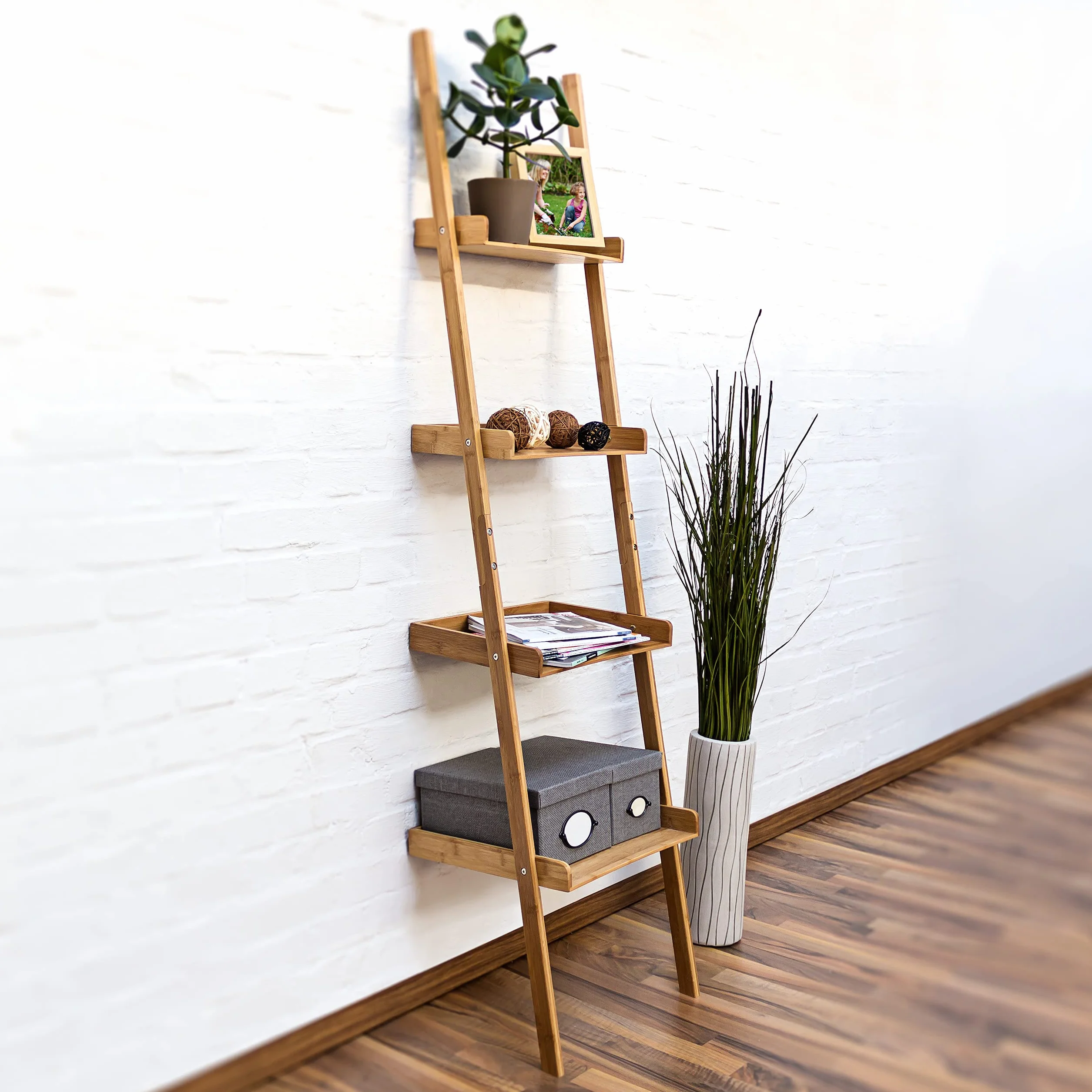 Relaxdays Escalera Estantería Bambú 4 Baldas 176x44x37 cm Marrón Natural