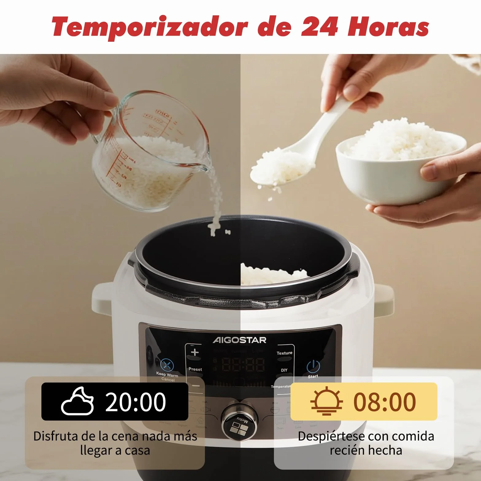 Aigostar Olla a Presión 5.5L 1000W, Antiadherente, 14 Funciones, Temporizador 24H, Blanco