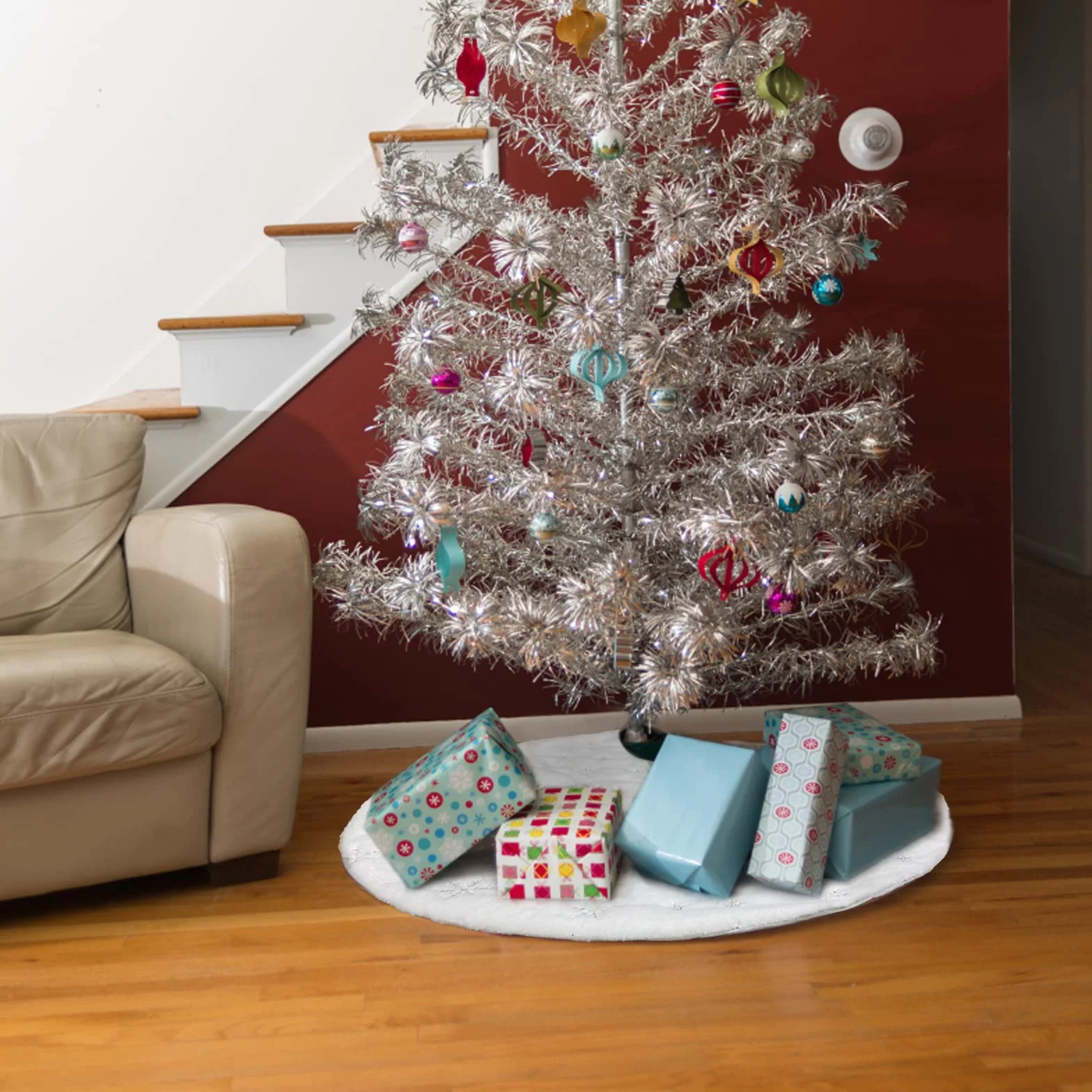Jsdoin Falda Árbol Navidad 90cm Doble Capa Felpa Blanco Estampado Copo Nieve Plateado Decoración