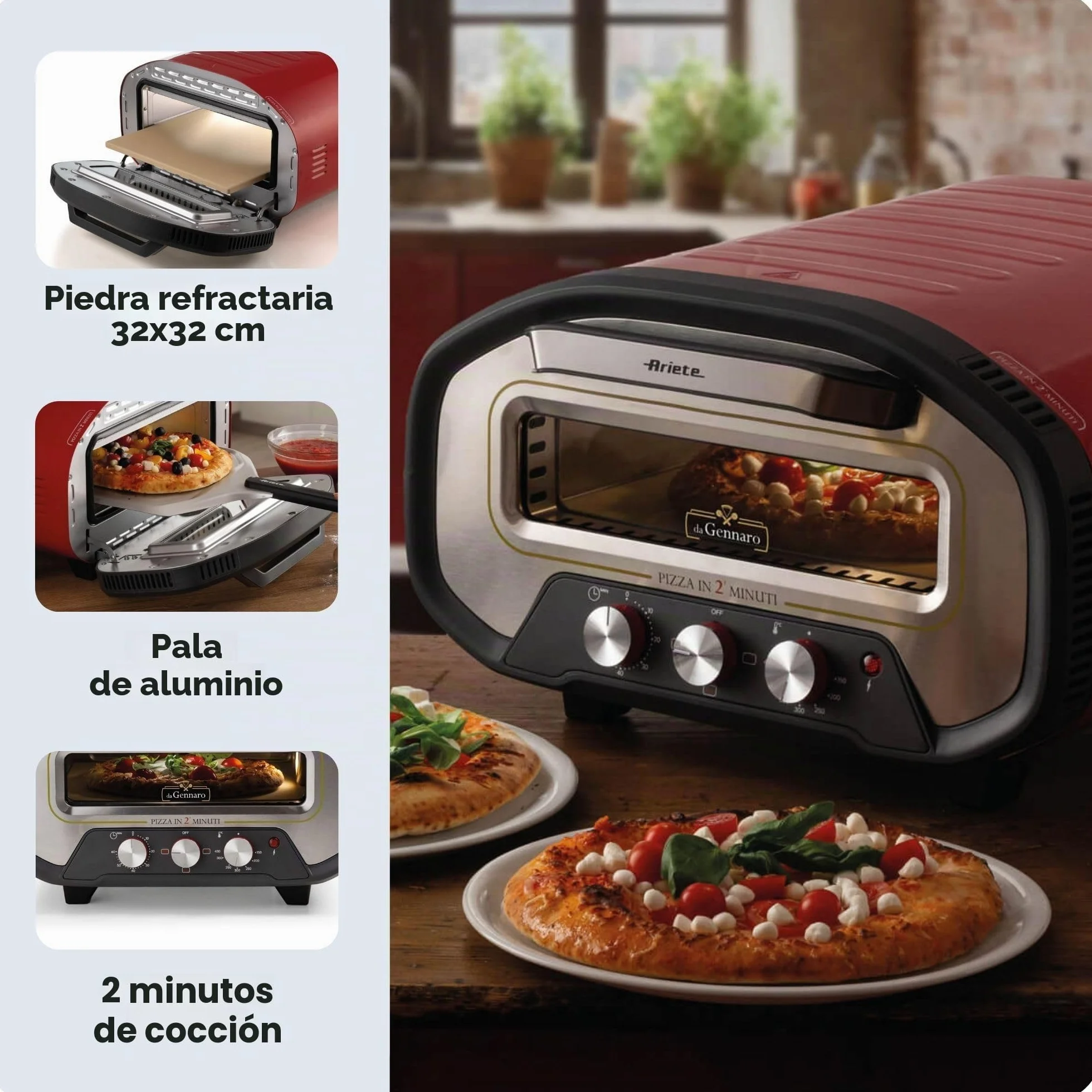 Ariete 3901 Da Gennaro Horno para pizza 2200 W 430 °C piedra refractaria rojo