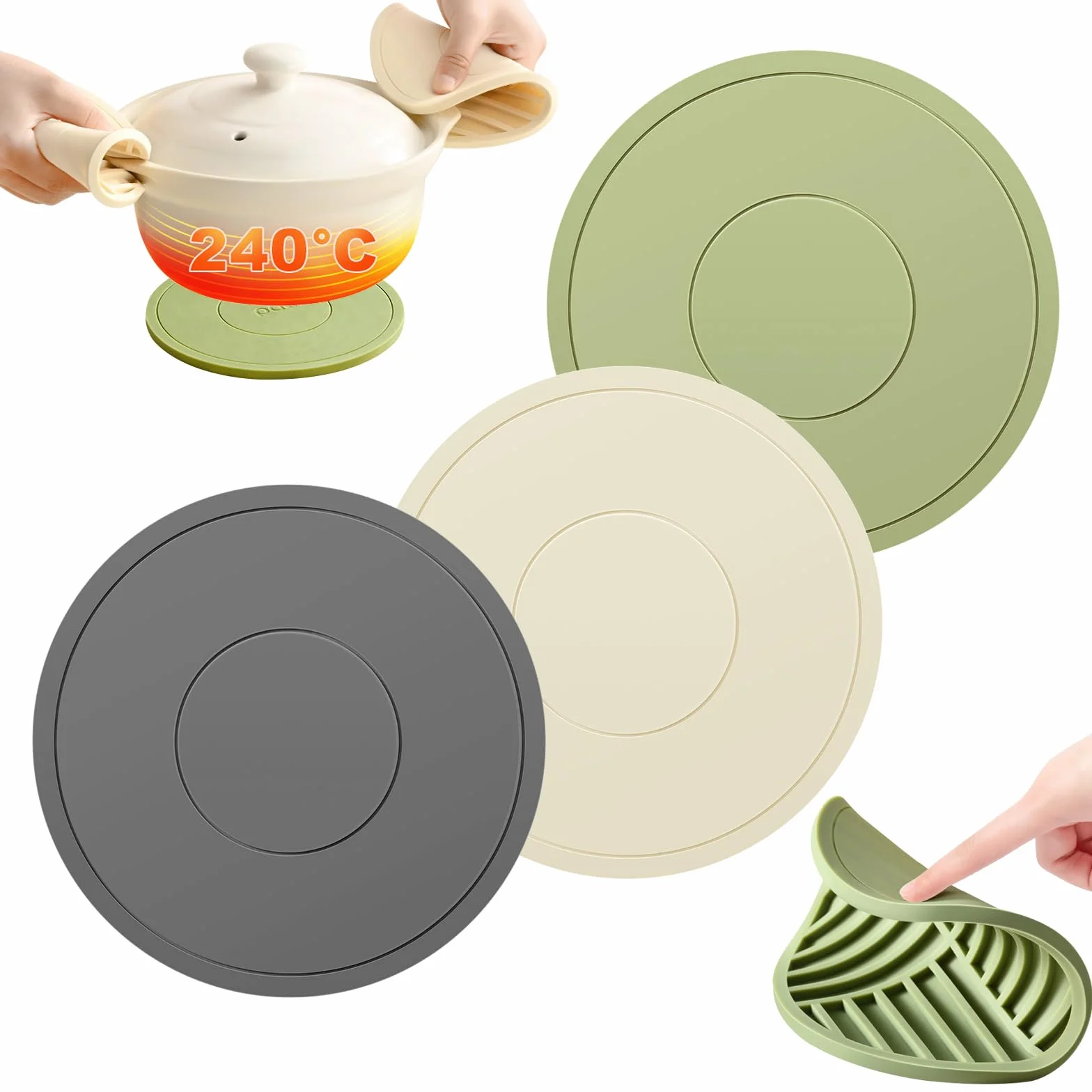 3 Piezas Salvamanteles de Silicona, 16cm Protector Sartenes Silicona, Protector Sartenes Separadores Duradero, Impermeable y Antideslizante, Apto para Ollas, Sartenes y Cuencos (Gris Beige Verde)
