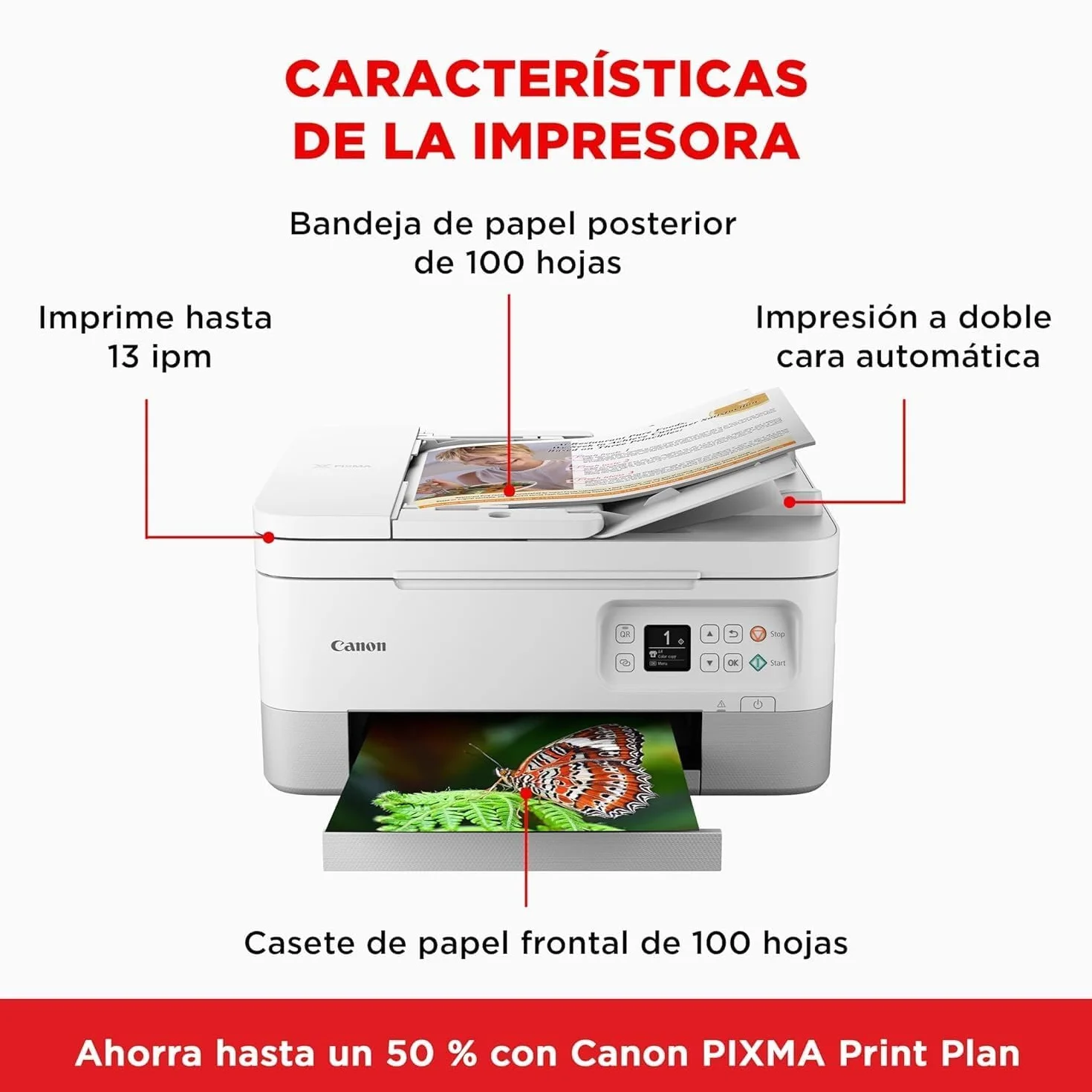 Canon Pixma TS7451i Impresora Multifunción 3 en 1, Sistema de Inyección de Tinta, Impresión, Escaneo y Copia, WiFi, Pixma Print Plan, Impresión a Doble Cara, ADF de 35 Hojas, Bandeja Posterior,Blanca