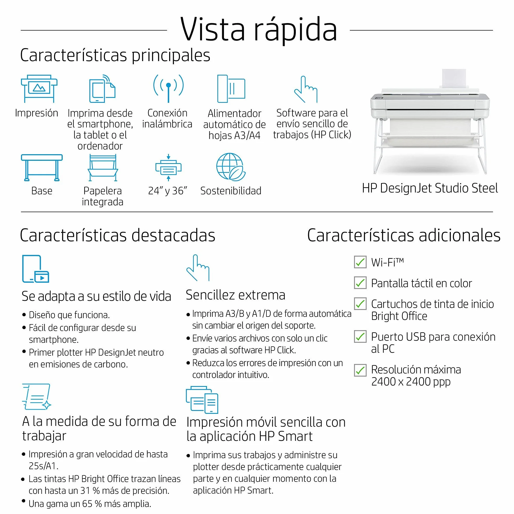 HP Impresora Plotter de Gran Formato DesignJet Studio - Steel, de 24 Pulgadas, hasta A1, Impresión Móvil, Wi-Fi, Gigabit Ethernet, USB 2.0 de Alta Velocidad, Garantía de 1 año (5HB12C)