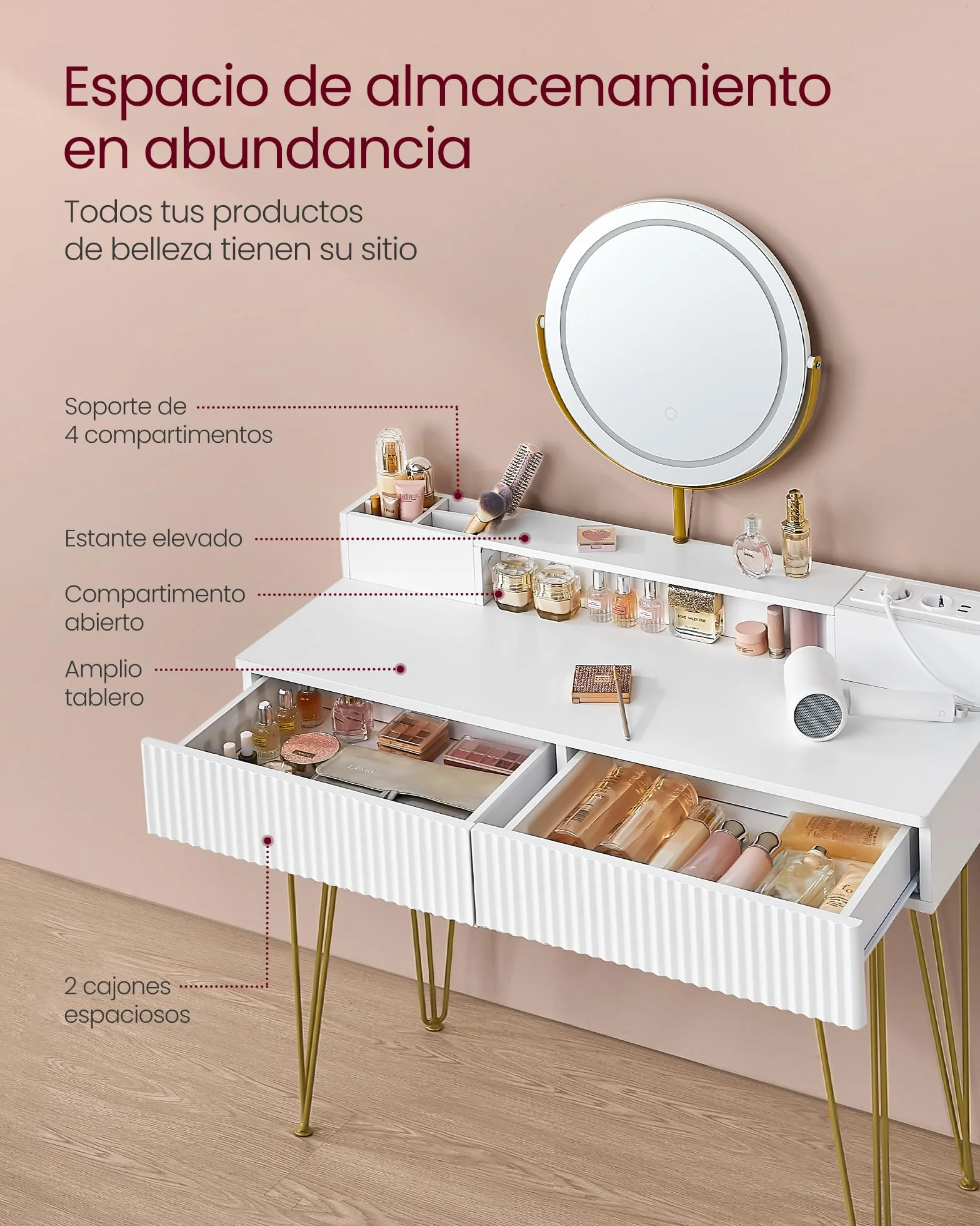 VASAGLE Tocador con Taburete e Iluminación Espejo Giratorio 40 x 100 x 134,8 cm Blanco Mate y Dorado Pálido