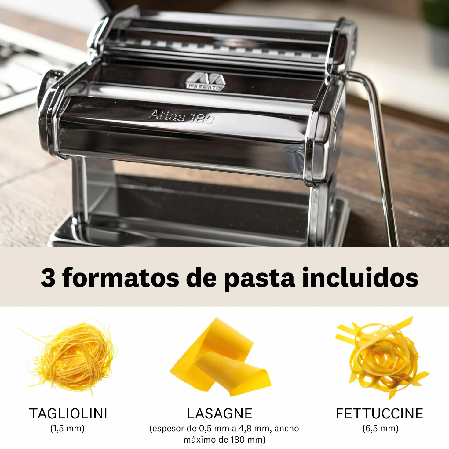 Marcato Atlas 180 Máquina para Pasta Acero Cromado 3 Accesorios