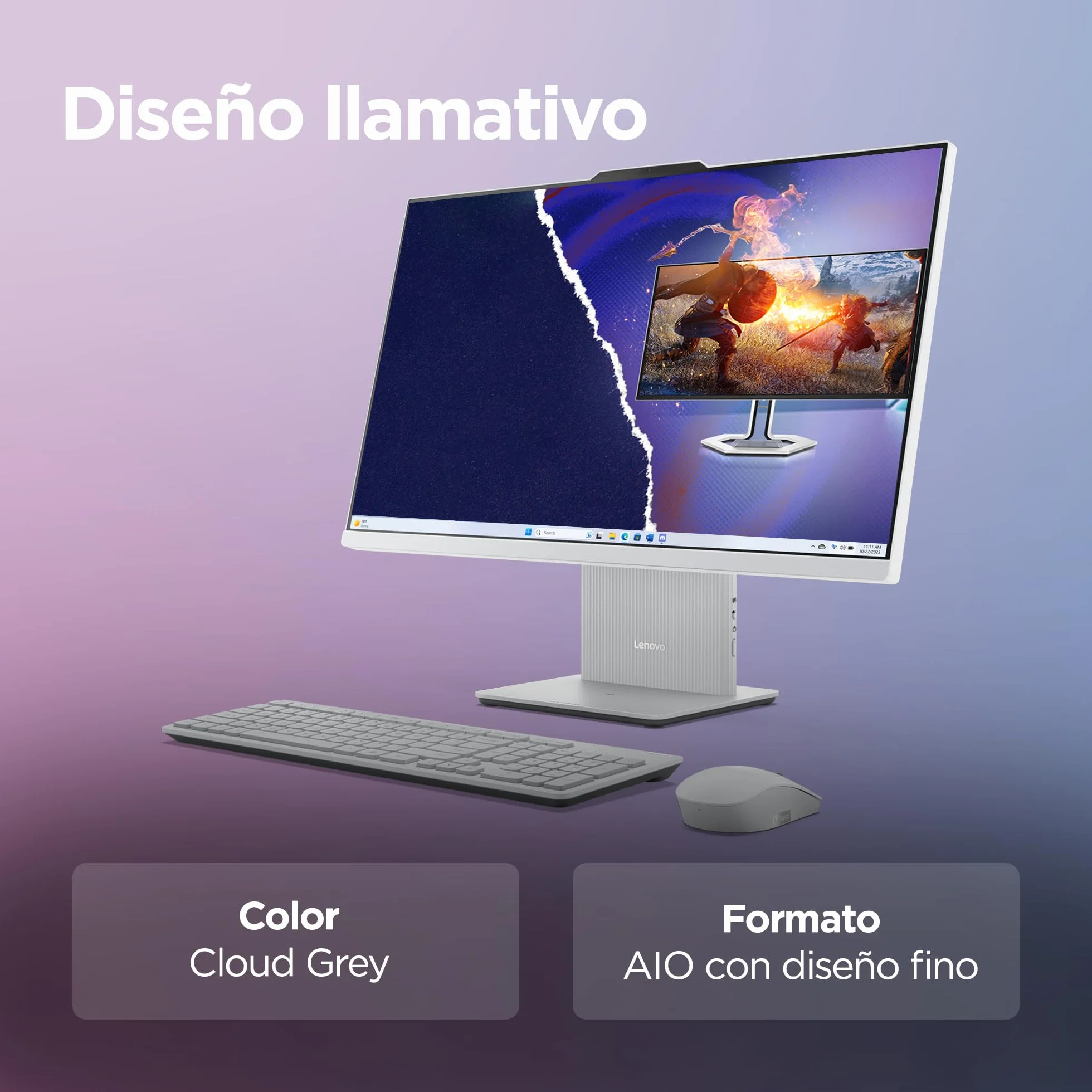 Lenovo IdeaCentre AIO i Gen 9 - Ordenador de Sobremesa 27" FHD (Intel Core i5-13420H, 16 GB RAM, 1 TB SSD, Intel UHD Graphics, Wi-Fi 6, Win11 Home) Incluye Teclado QWERTY Español y Ratón - Gris Nube