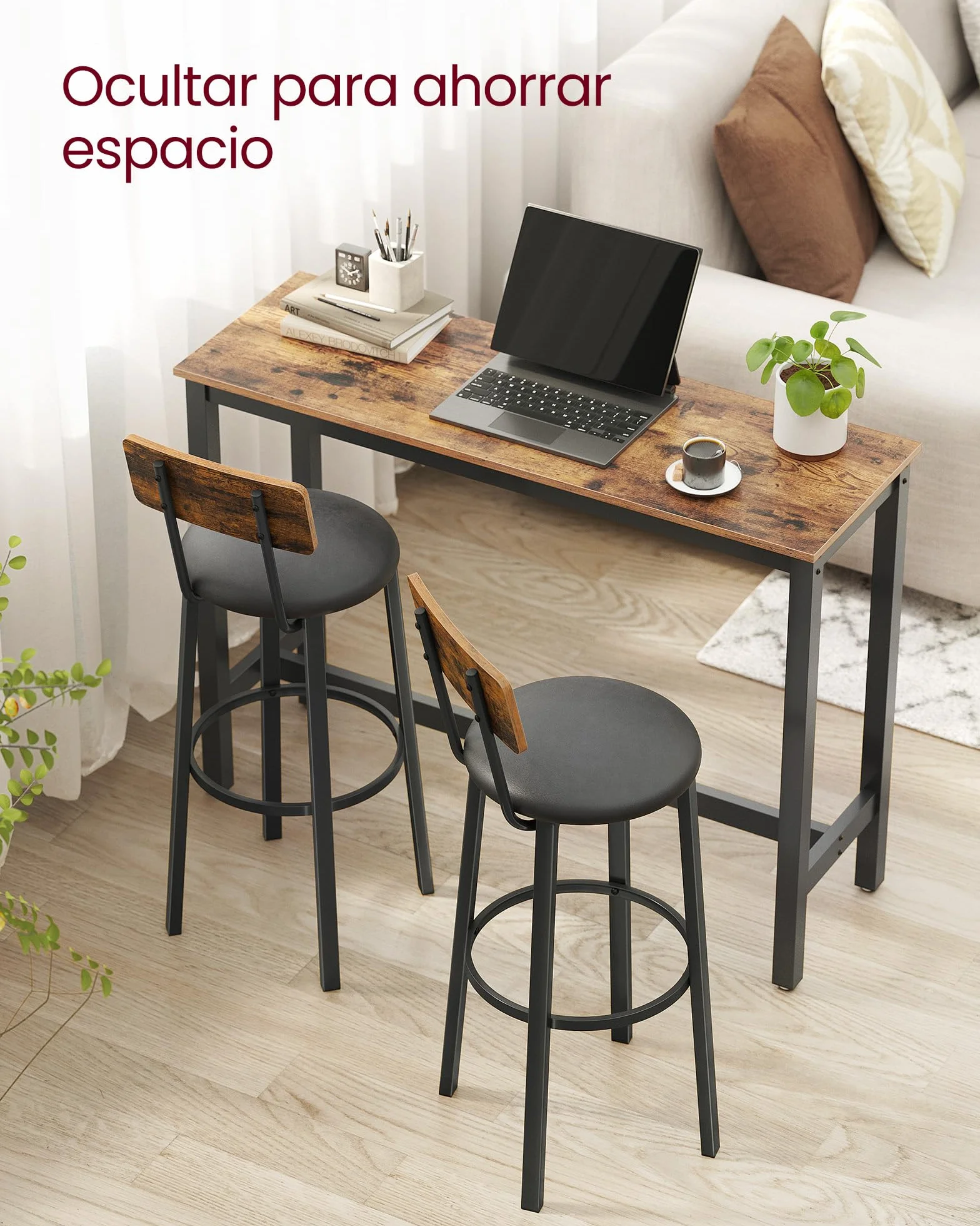 VASAGLE Taburetes de Bar Juego de 2 Tapizados de PU con Reposapiés Marrón Rústico y Negro Tinta