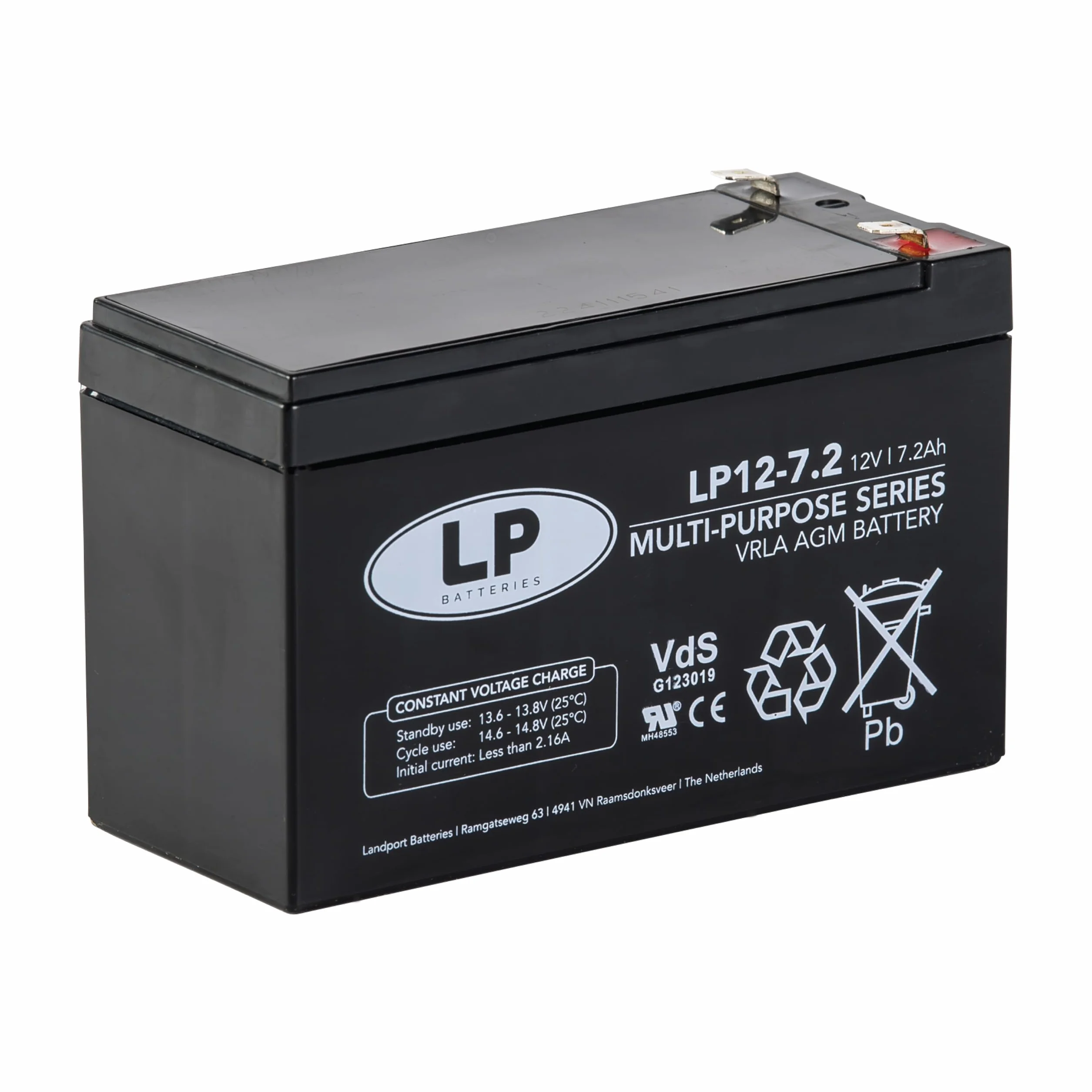 Landport - Batería AGM 12V 7,2Ah LP12-7,2 VDS - Batería de Plomo-Ácido Libre de Mantenimiento, Alta Fiabilidad, Terminal T2/F2 - Batería Sistemas de Seguridad, UPS, Energía de Respaldo