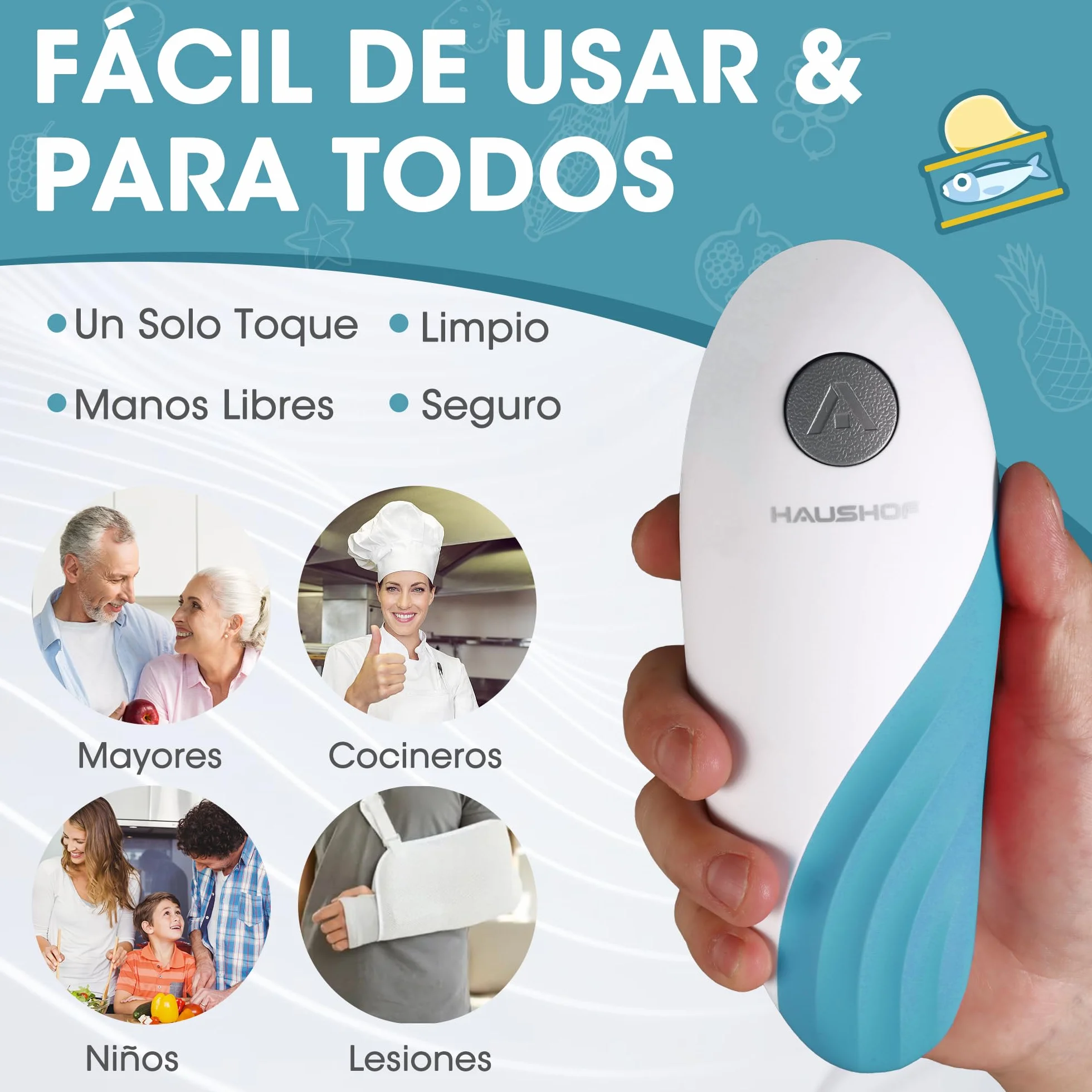 HAUSHOF Abrelatas Eléctrico Automático Inalámbrico, para Personas Mayores y Cocineros, Manos Libres, Azul