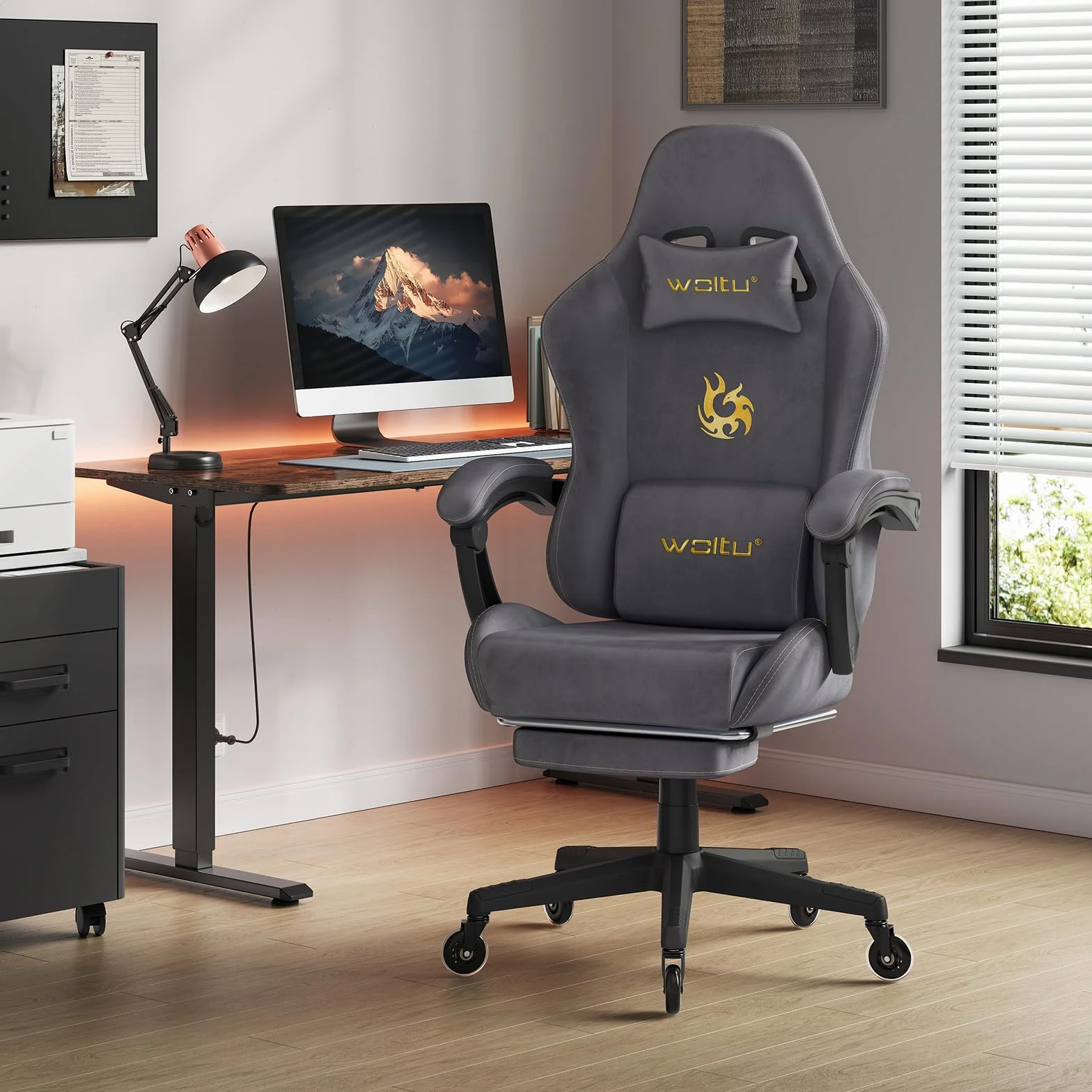 WOLTU Silla Gaming con Soporte Lumbar Ergonómica Oficina Giratoria Reposapiés Tela Ante Gris