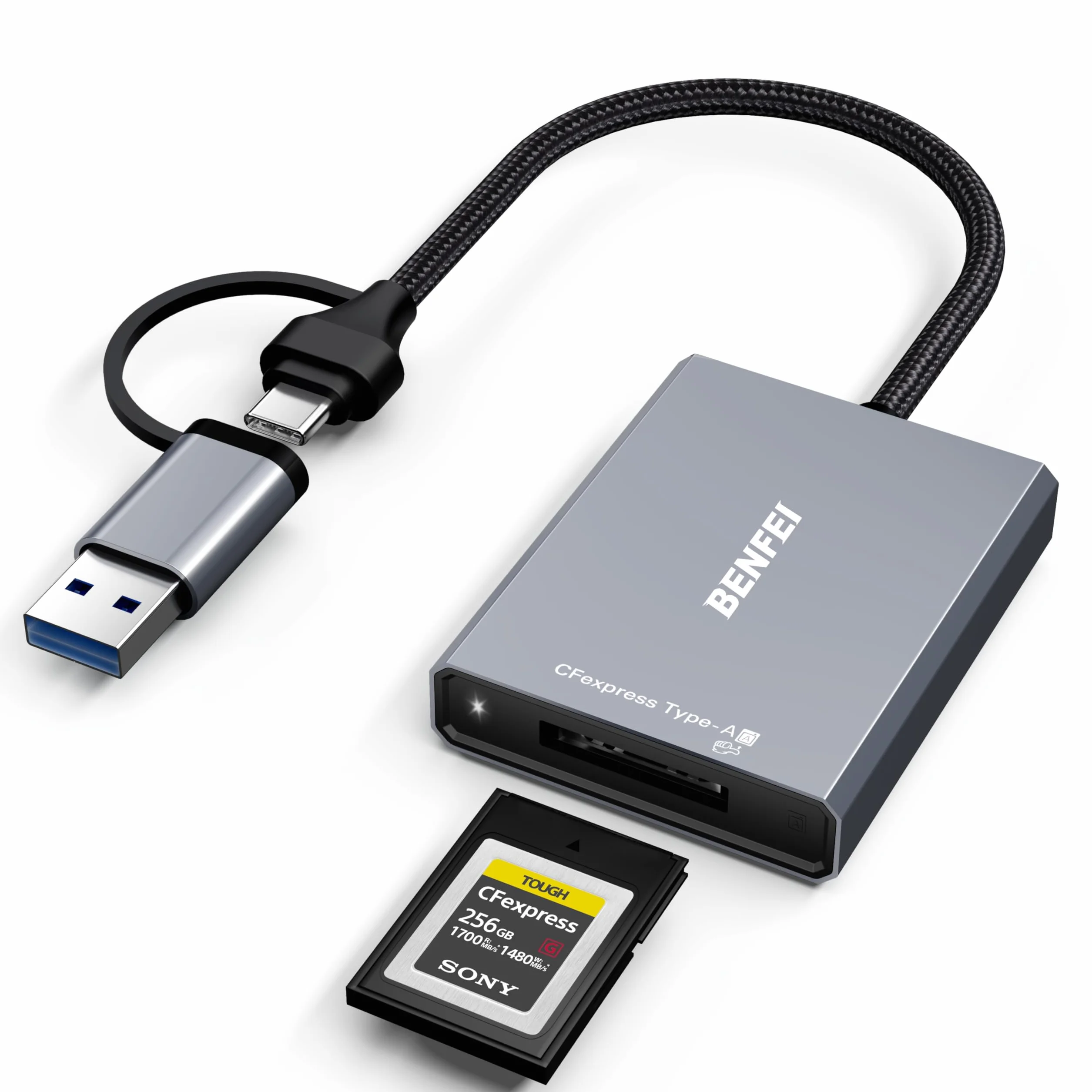 BENFEI CFexpress - Lector de Tarjetas Tipo A con USB 3.2 (Gen 2) de 10 Gbps, USB-C y USB-A 2 en 1 Adaptador CFexpress Tipo A, Compatible con Windows/Mac/Linux/Android