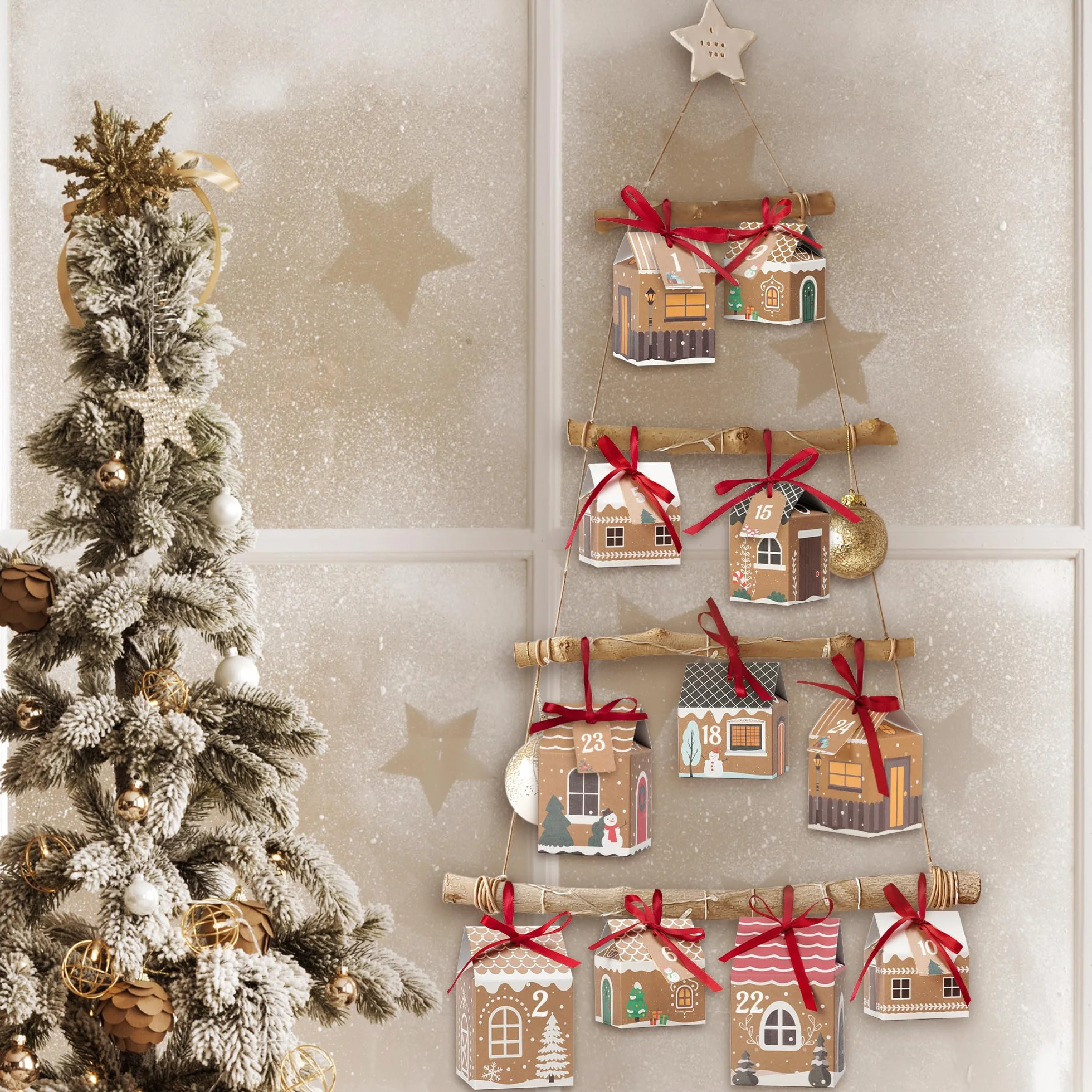 Calendario de Adviento DIY Kit 24 Casas con Pegatinas, Cintas y Etiquetas