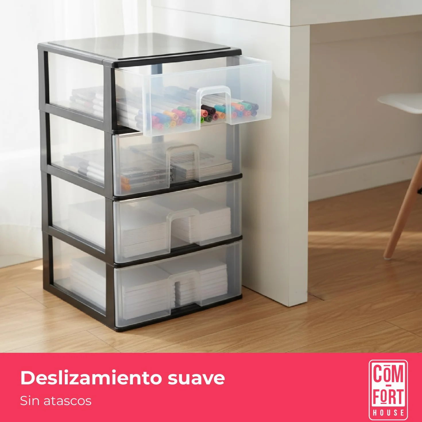 Cajonera Plástico 4 Cajones Negro Almacenamiento 37x38x62.8cm COM-FORT HOUSE