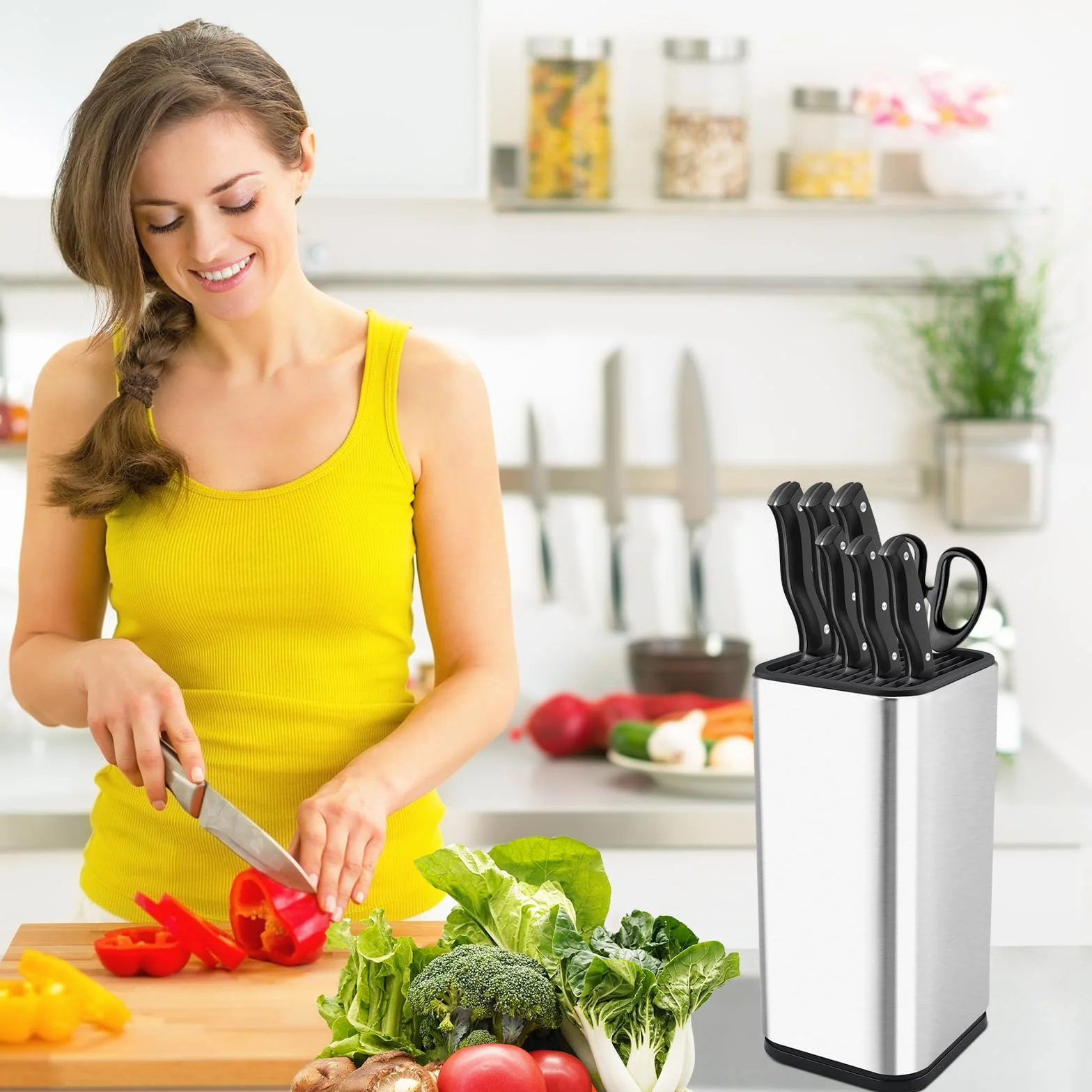 Soporte Cuchillos Cocina Acero Inoxidable para 8 Cuchillos con Ranura Tijeras